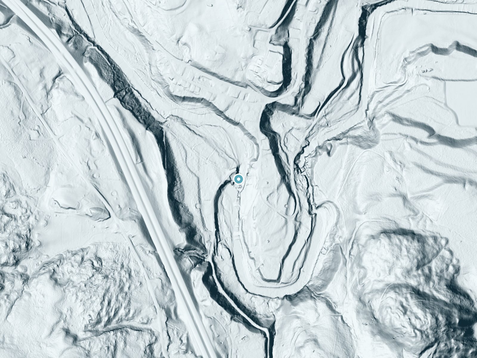 LiDAR bare-earth terrain around Gages Falls near North Westminster, Vermont, showing about 54 feet of drop, a long cascade, facing southwest