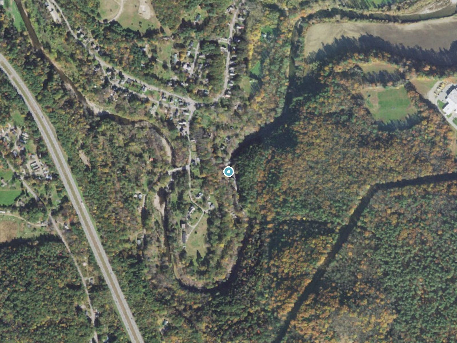 Aerial photo of the same ground around Twin Falls near North Westminster, Vermont, for comparison with the lidar view