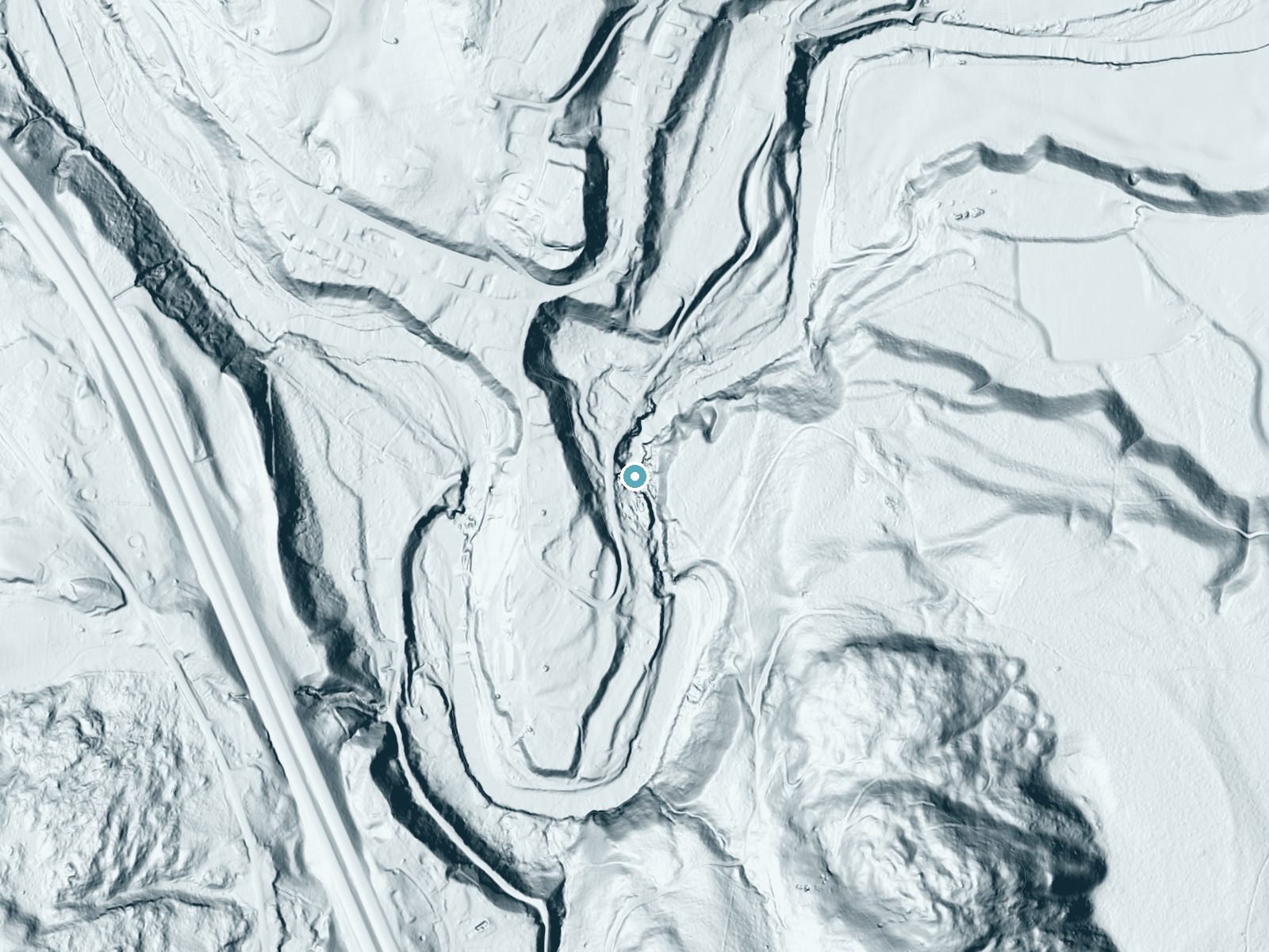 LiDAR bare-earth terrain around Twin Falls near North Westminster, Vermont, showing about 105 feet of drop, a long cascade, facing north