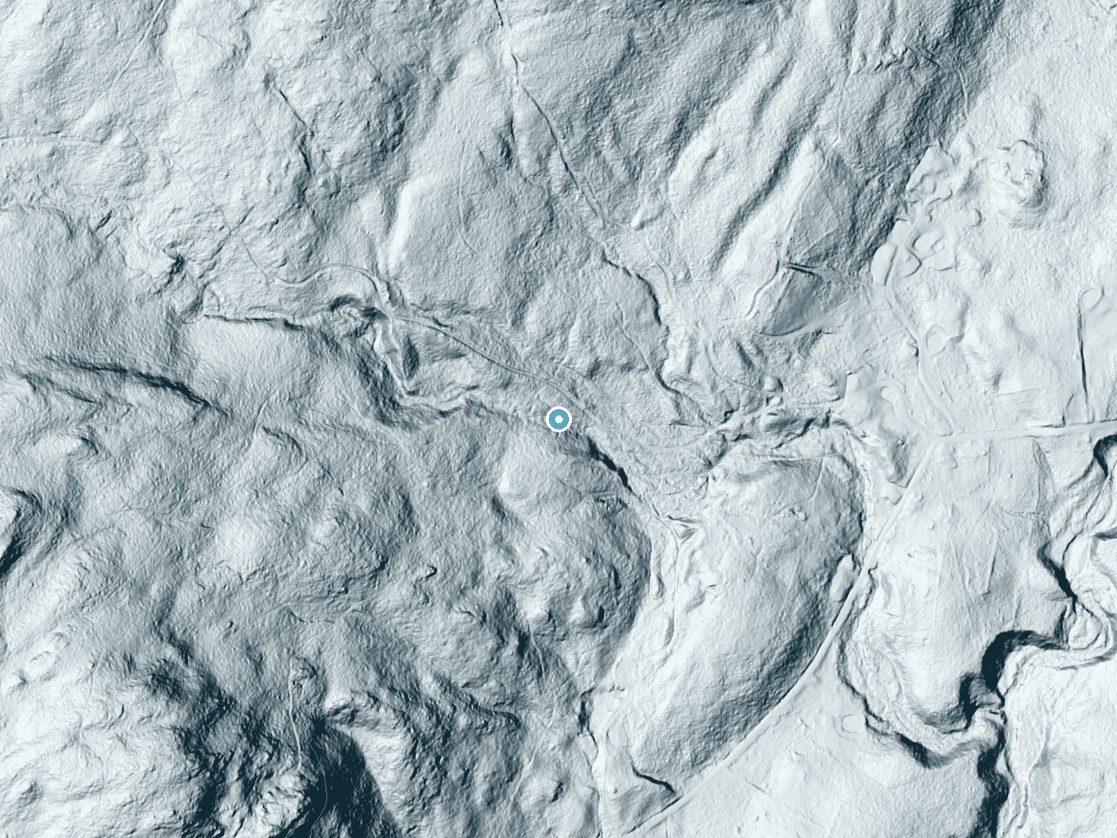 LiDAR bare-earth terrain around Buttermilk Falls near Gloversville, New York, showing about 86 feet of drop, a long cascade, facing east