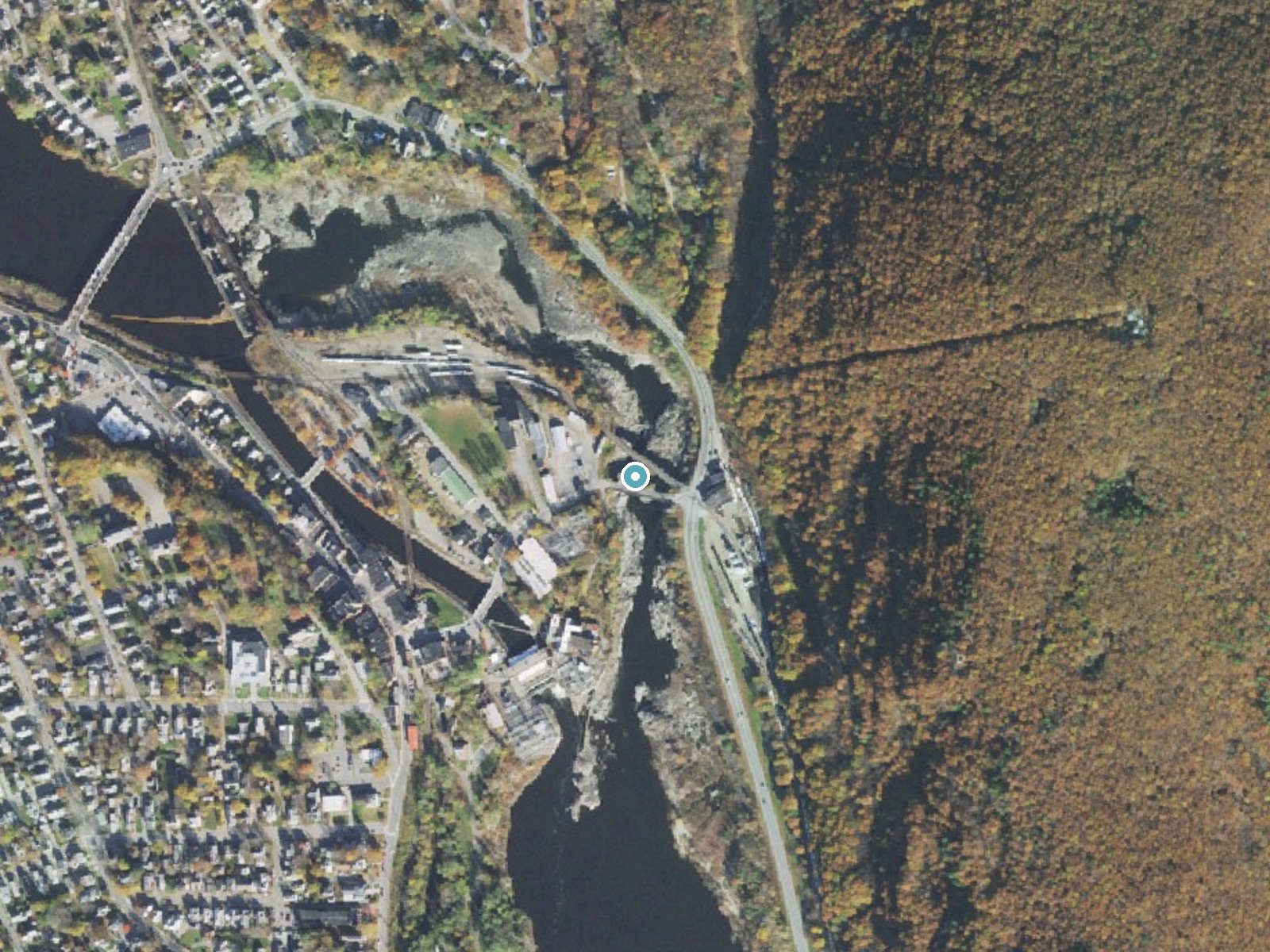 Aerial photo of the same ground around Great Falls near Bellows Falls, New Hampshire, for comparison with the lidar view
