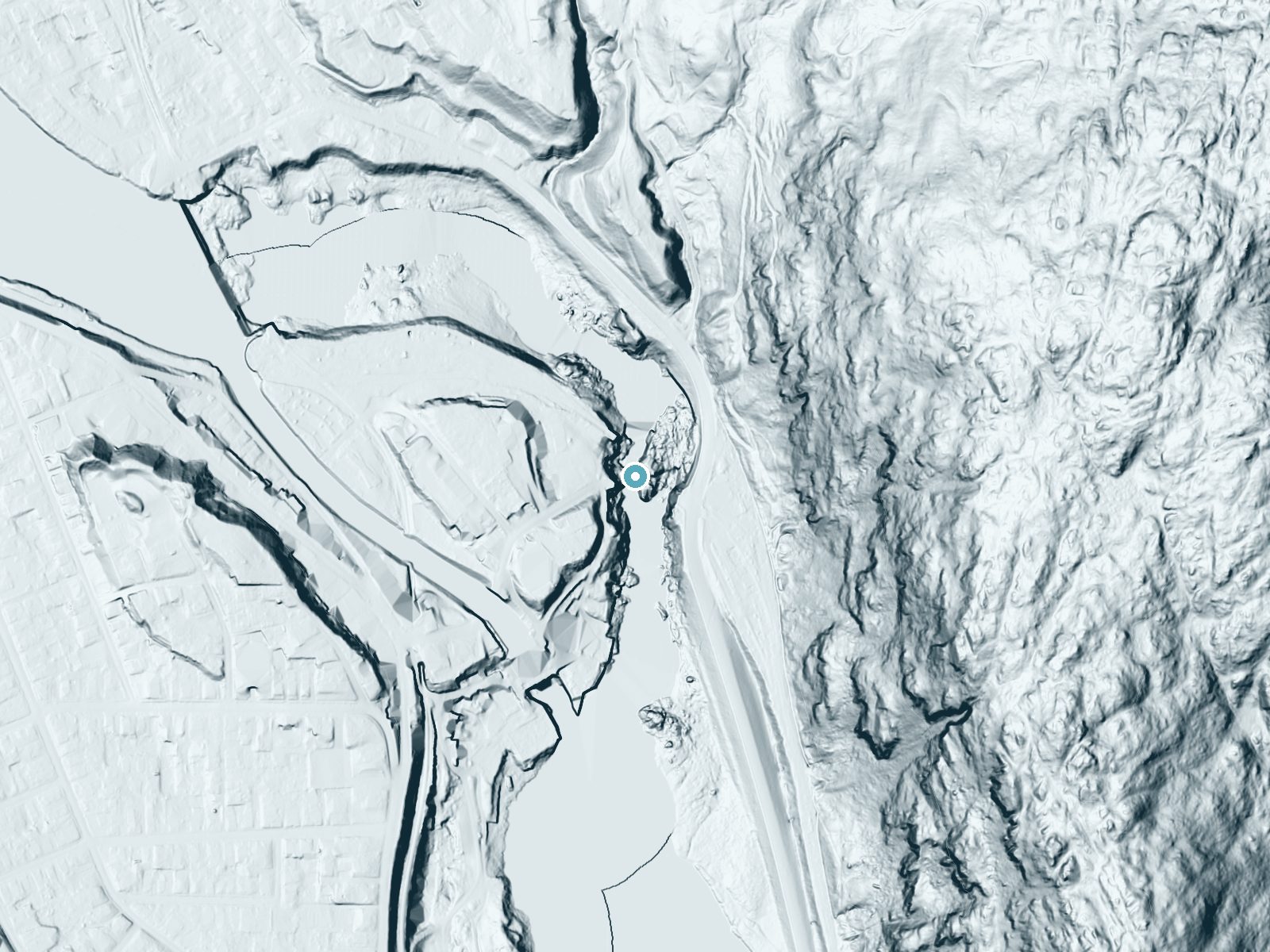 LiDAR bare-earth terrain around Great Falls near Bellows Falls, New Hampshire, showing about 87 feet of drop, a steep tiered drop, facing east