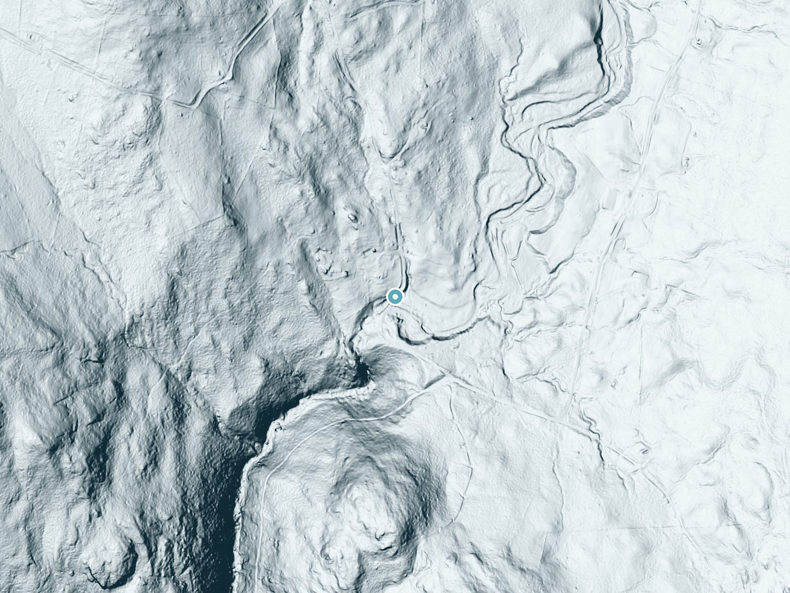 LiDAR bare-earth terrain around Hamilton Falls near Jamaica, Vermont, showing about 50 feet of drop, a long cascade, facing south