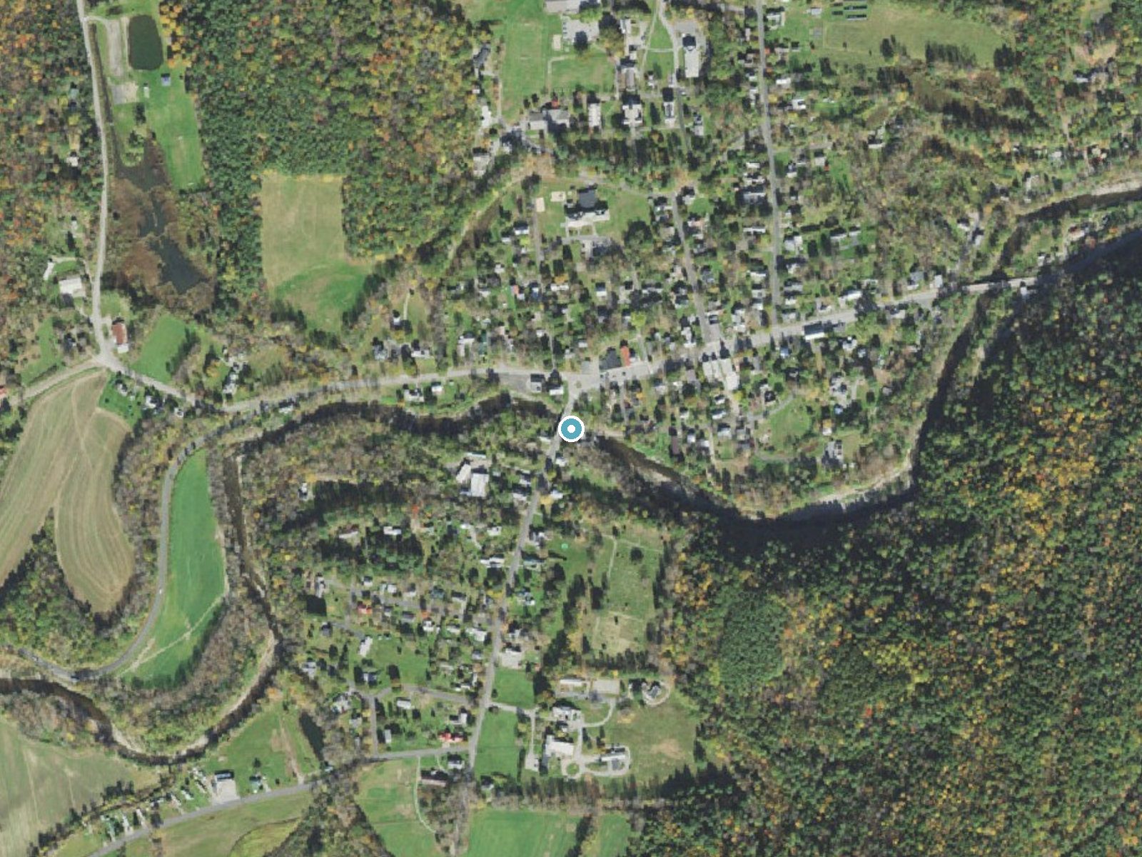 Aerial photo of the same ground around Saxtons River Falls near Saxtons River, Vermont, for comparison with the lidar view
