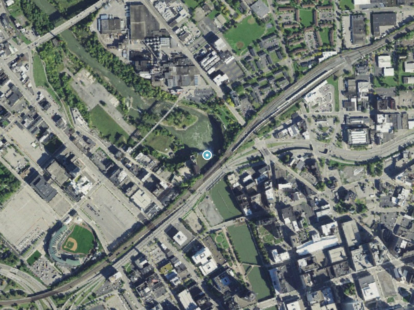 Aerial photo of the same ground around High Falls near Rochester, New York, for comparison with the lidar view