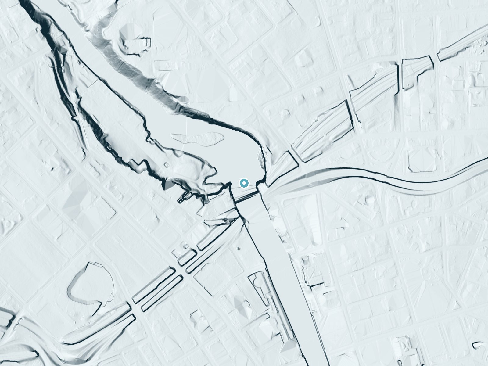 LiDAR bare-earth terrain around High Falls near Rochester, New York, showing about 124 feet of drop, a steep tiered drop, facing north