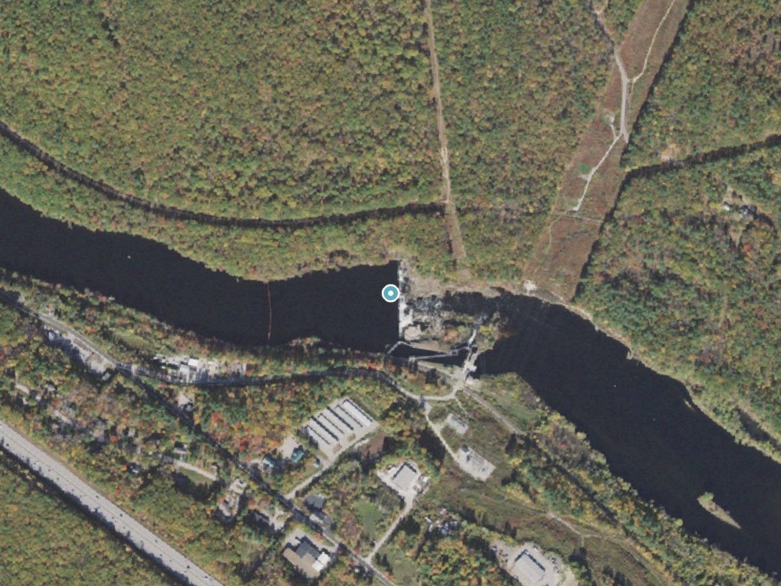 Aerial photo of the same ground around Garvin Falls near Suncook, New Hampshire, for comparison with the lidar view