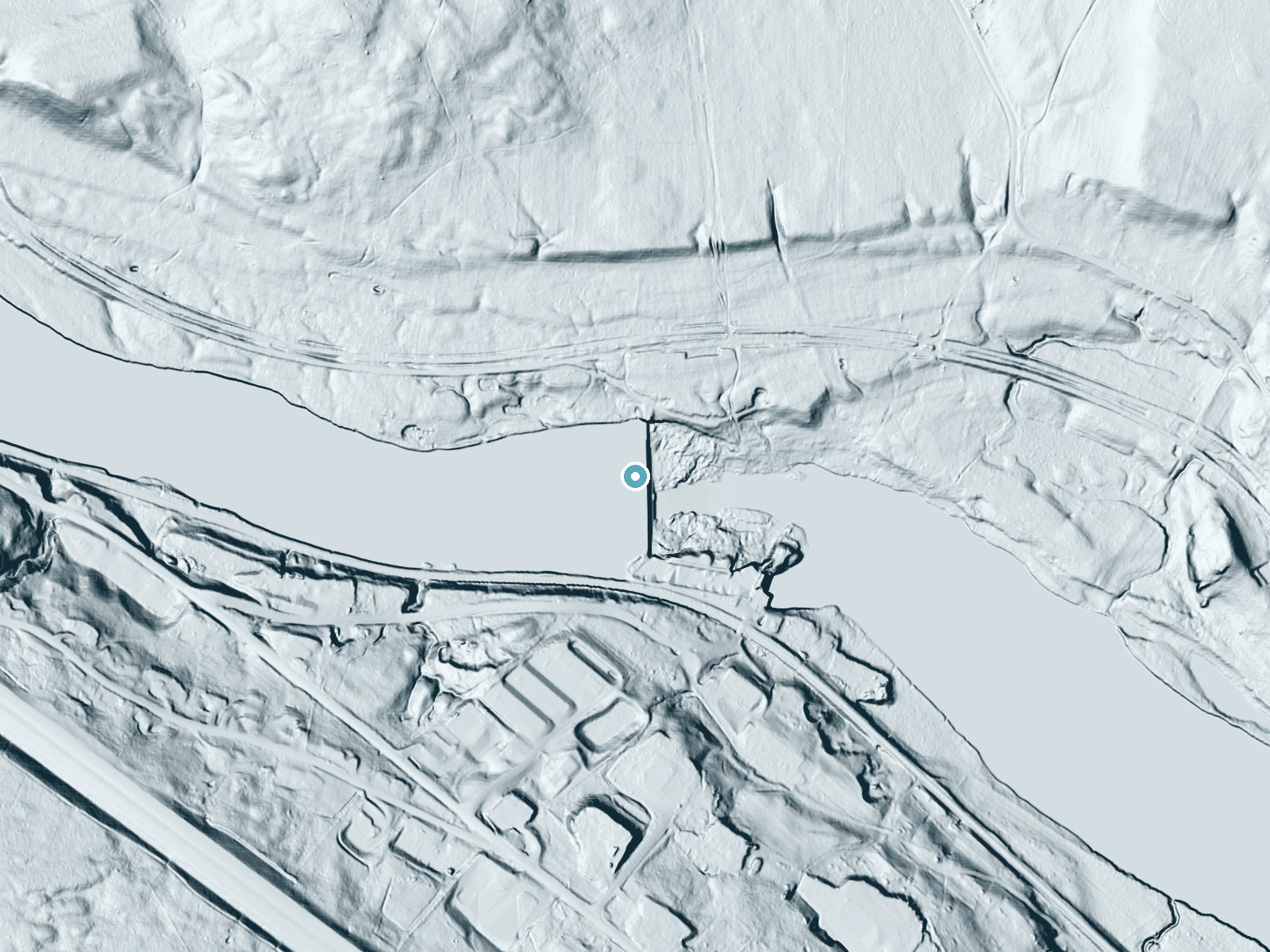 LiDAR bare-earth terrain around Garvin Falls near Suncook, New Hampshire, showing about 33 feet of drop, a long cascade, facing east