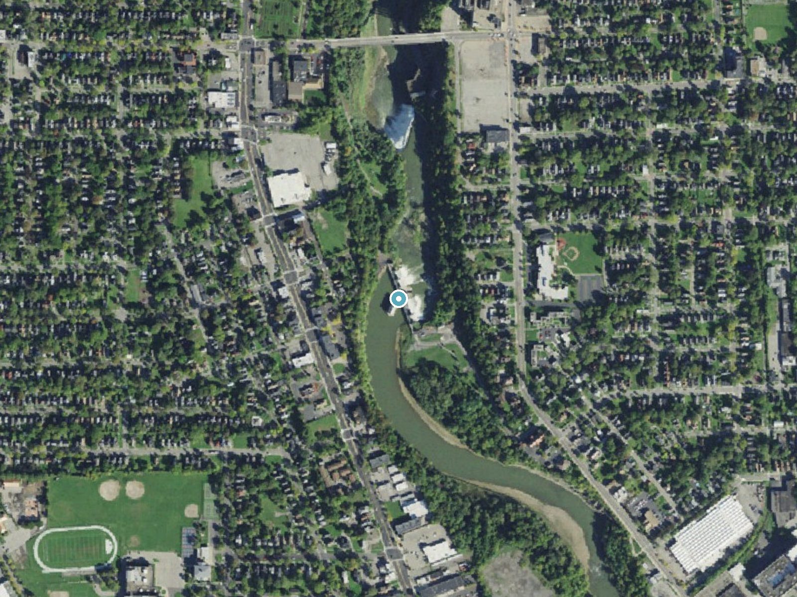 Aerial photo of the same ground around Middle Falls near Rochester, New York, for comparison with the lidar view