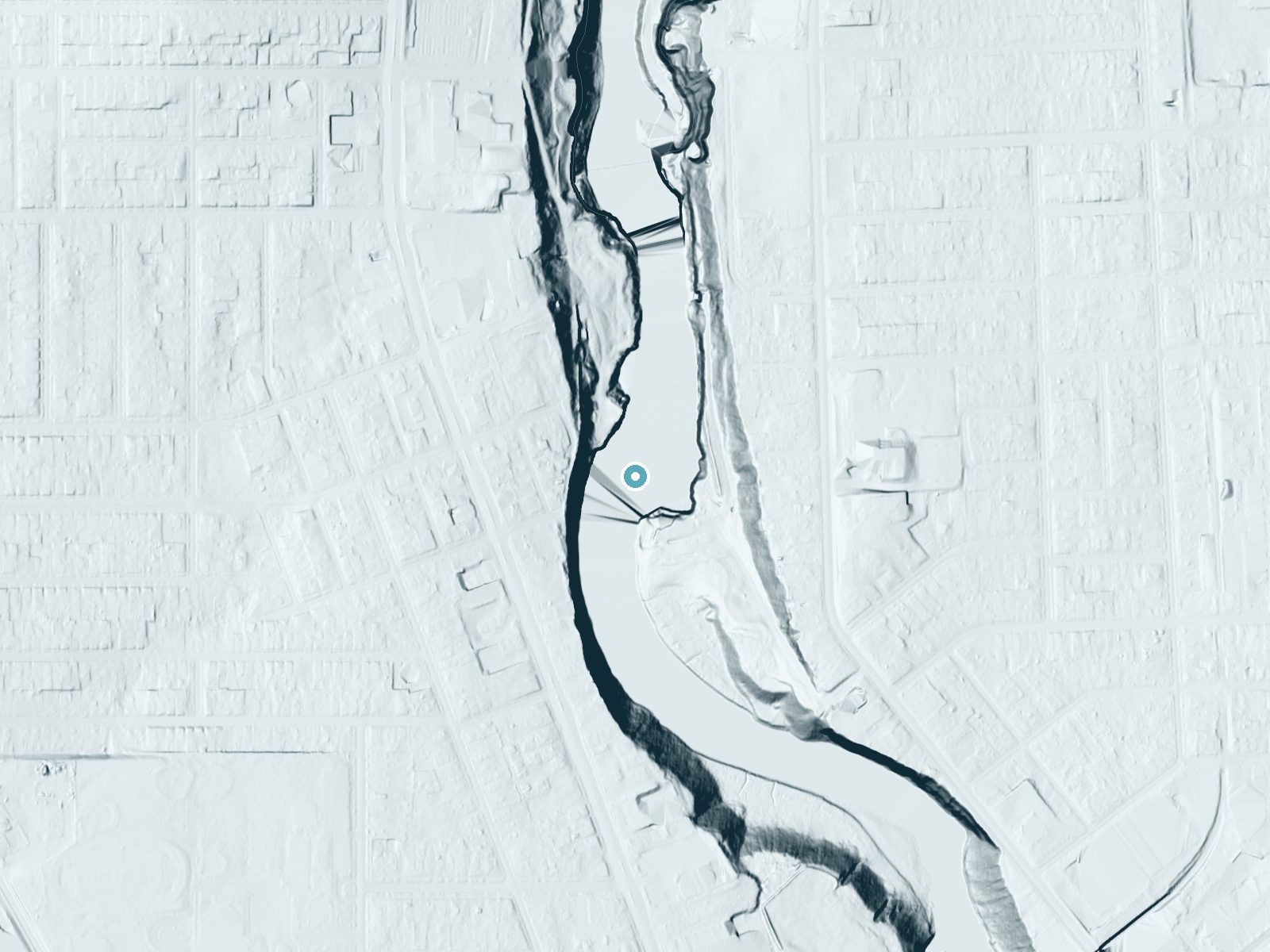 LiDAR bare-earth terrain around Middle Falls near Rochester, New York, showing about 86 feet of drop, a long cascade, facing east