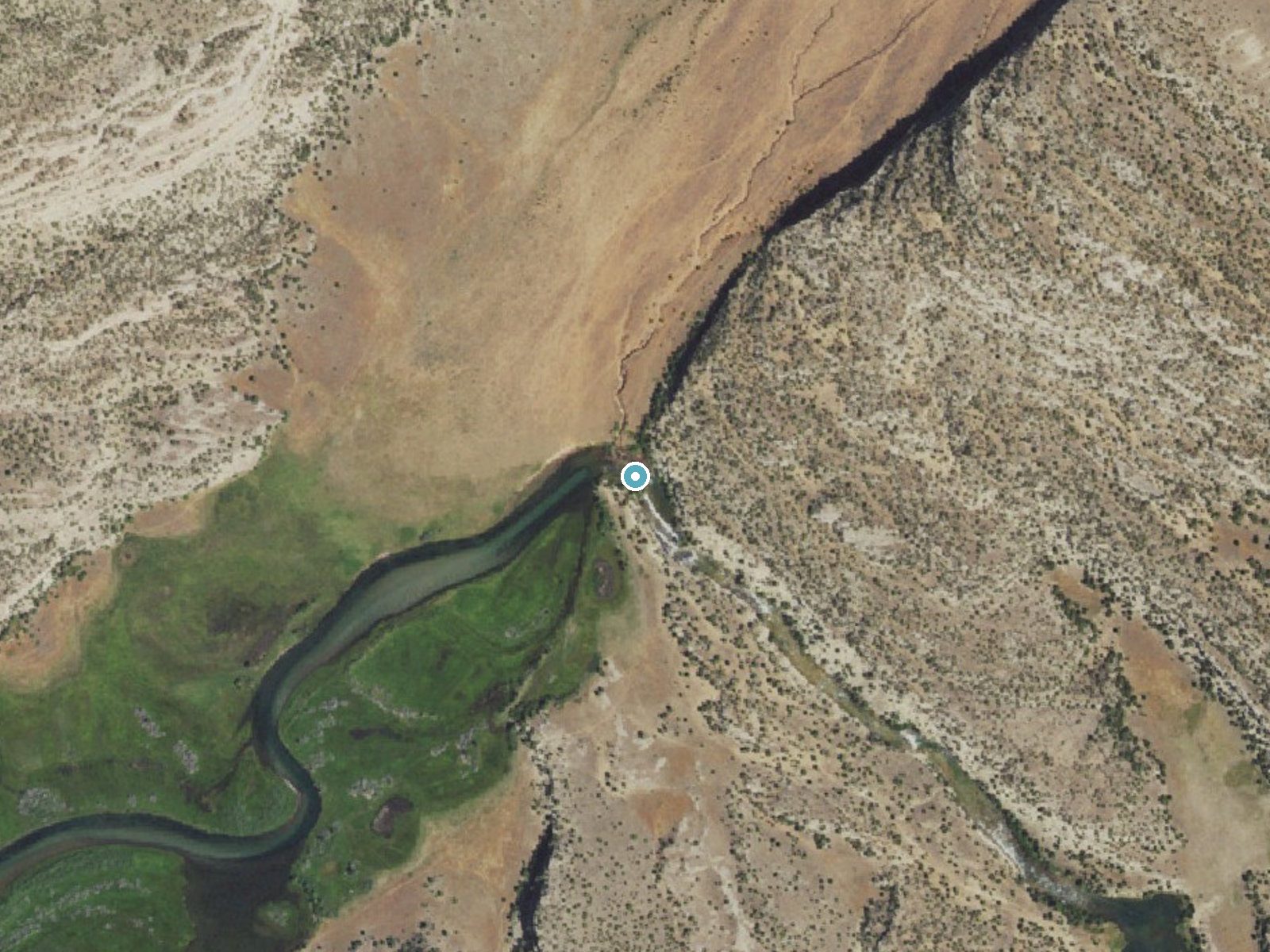 Aerial photo of the same ground around Bull Lake Falls near Crowheart, Wyoming, for comparison with the lidar view