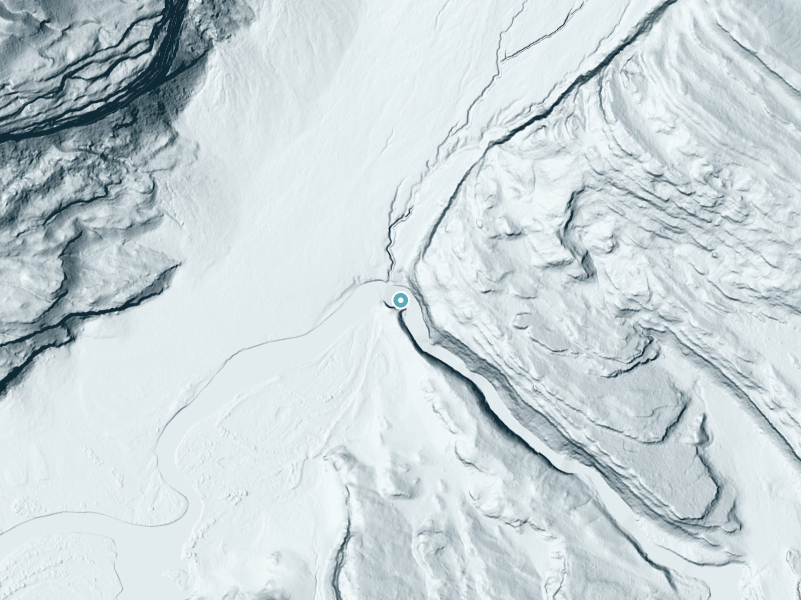 LiDAR bare-earth terrain around Bull Lake Falls near Crowheart, Wyoming, showing about 101 feet of drop, a steep tiered drop, facing southwest