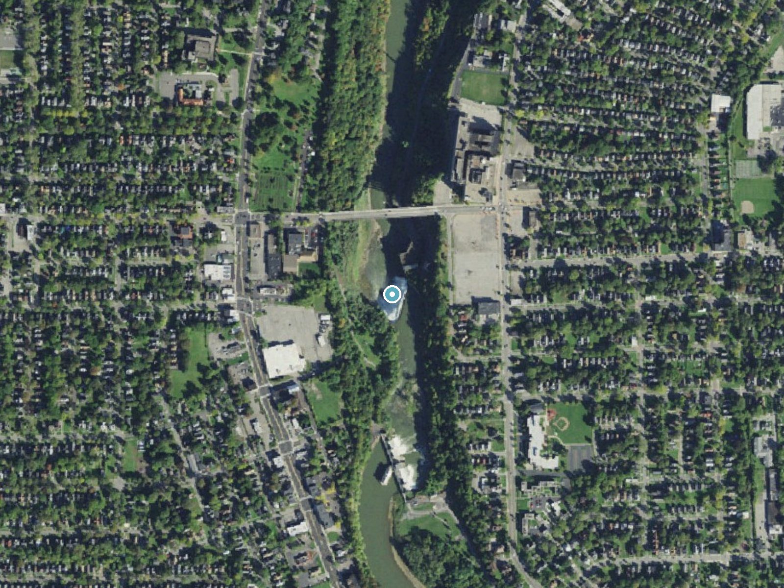 Aerial photo of the same ground around Lower Falls near Rochester, New York, for comparison with the lidar view