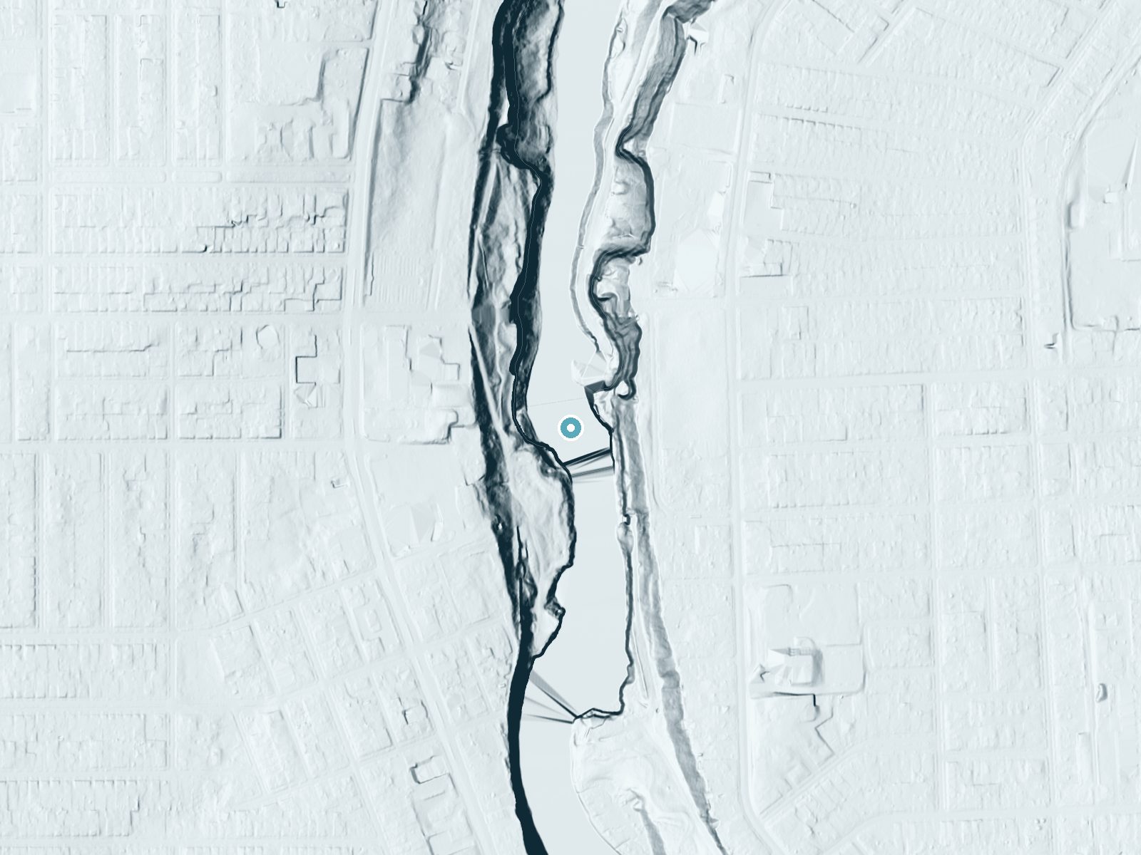 LiDAR bare-earth terrain around Lower Falls near Rochester, New York, showing about 161 feet of drop, a steep tiered drop, facing north