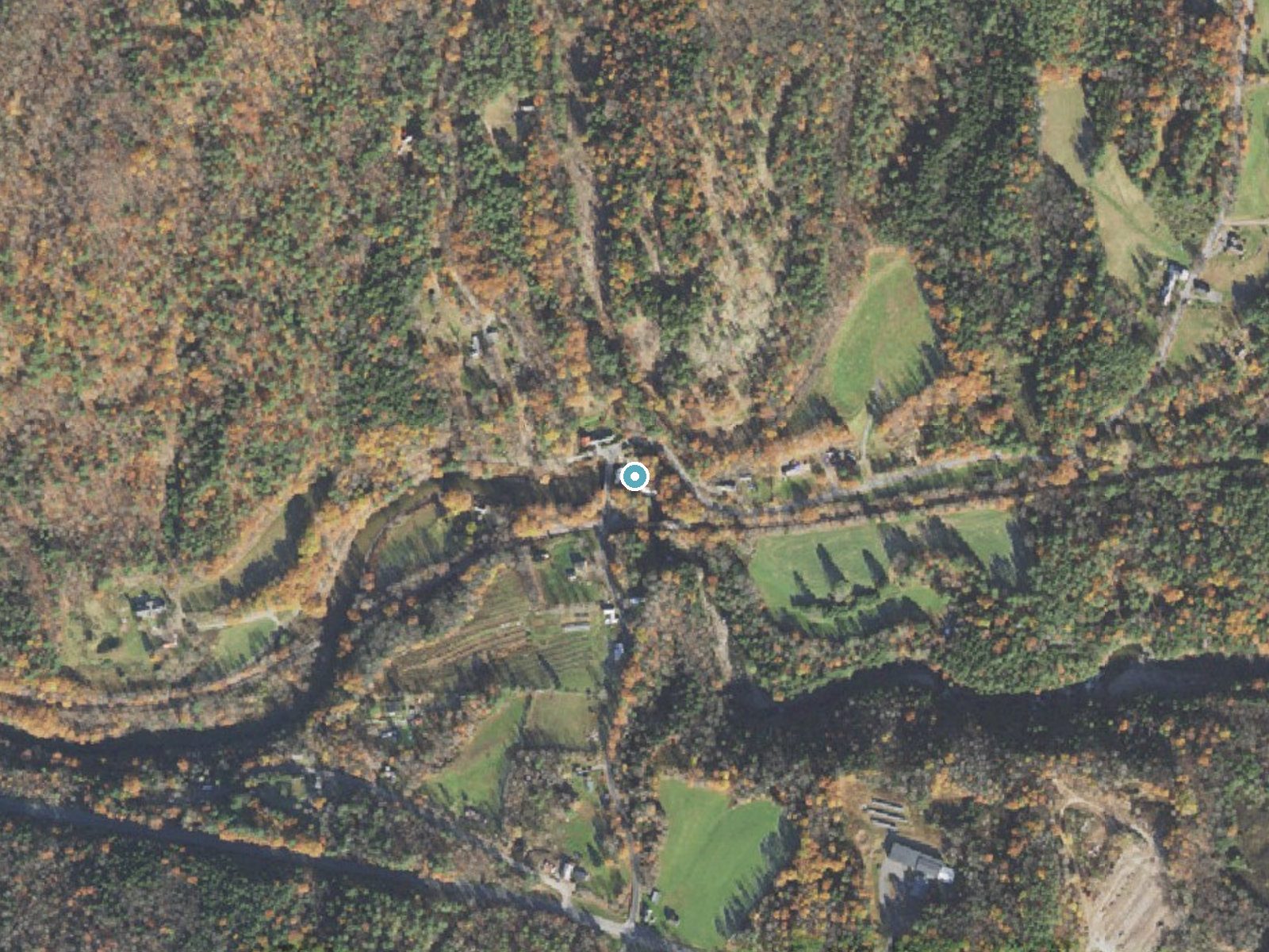 Aerial photo of the same ground around Sokoki Falls near Saxtons River, Vermont, for comparison with the lidar view