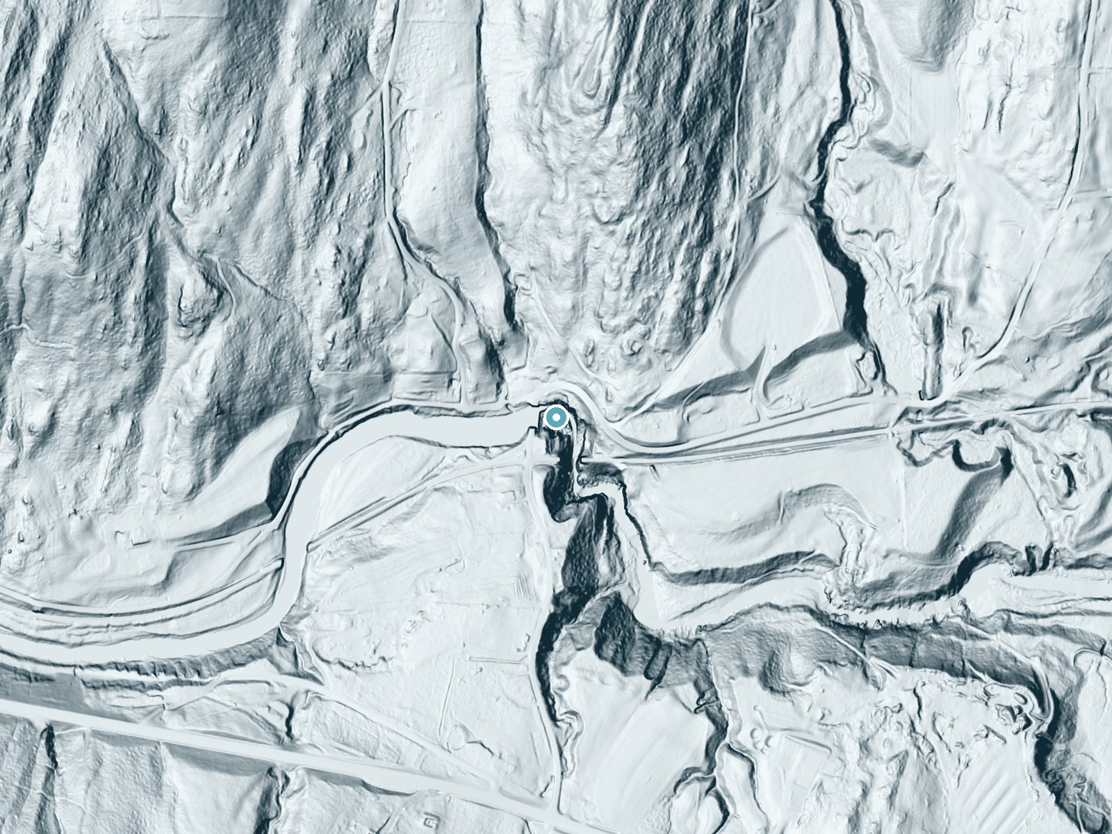LiDAR bare-earth terrain around Sokoki Falls near Saxtons River, Vermont, showing about 116 feet of drop, a long cascade, facing south