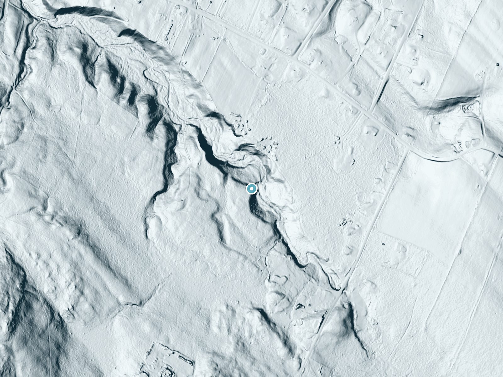 LiDAR bare-earth terrain around Steeles Falls near Suncook, New Hampshire, showing about 66 feet of drop, a long cascade, facing northeast