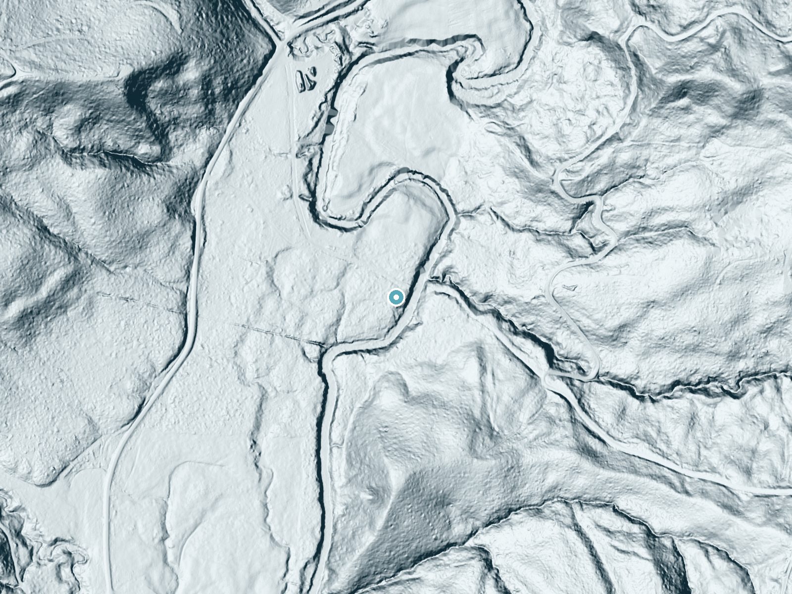 LiDAR bare-earth terrain around Middle Creek Falls near Coquille, Oregon, showing about 44 feet of drop, a long cascade, facing south