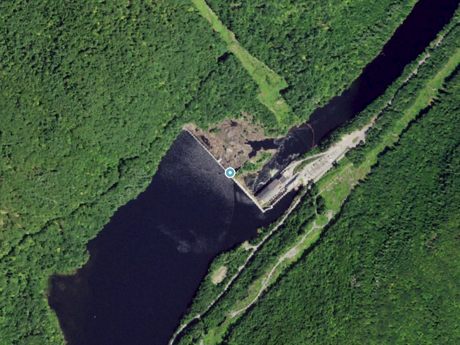 Aerial photo of the same ground around Spier Falls near West Glens Falls, New York, for comparison with the lidar view