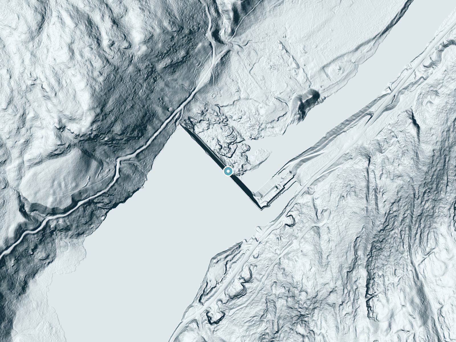 LiDAR bare-earth terrain around Spier Falls near West Glens Falls, New York, showing about 87 feet of drop, a steep tiered drop, facing northeast