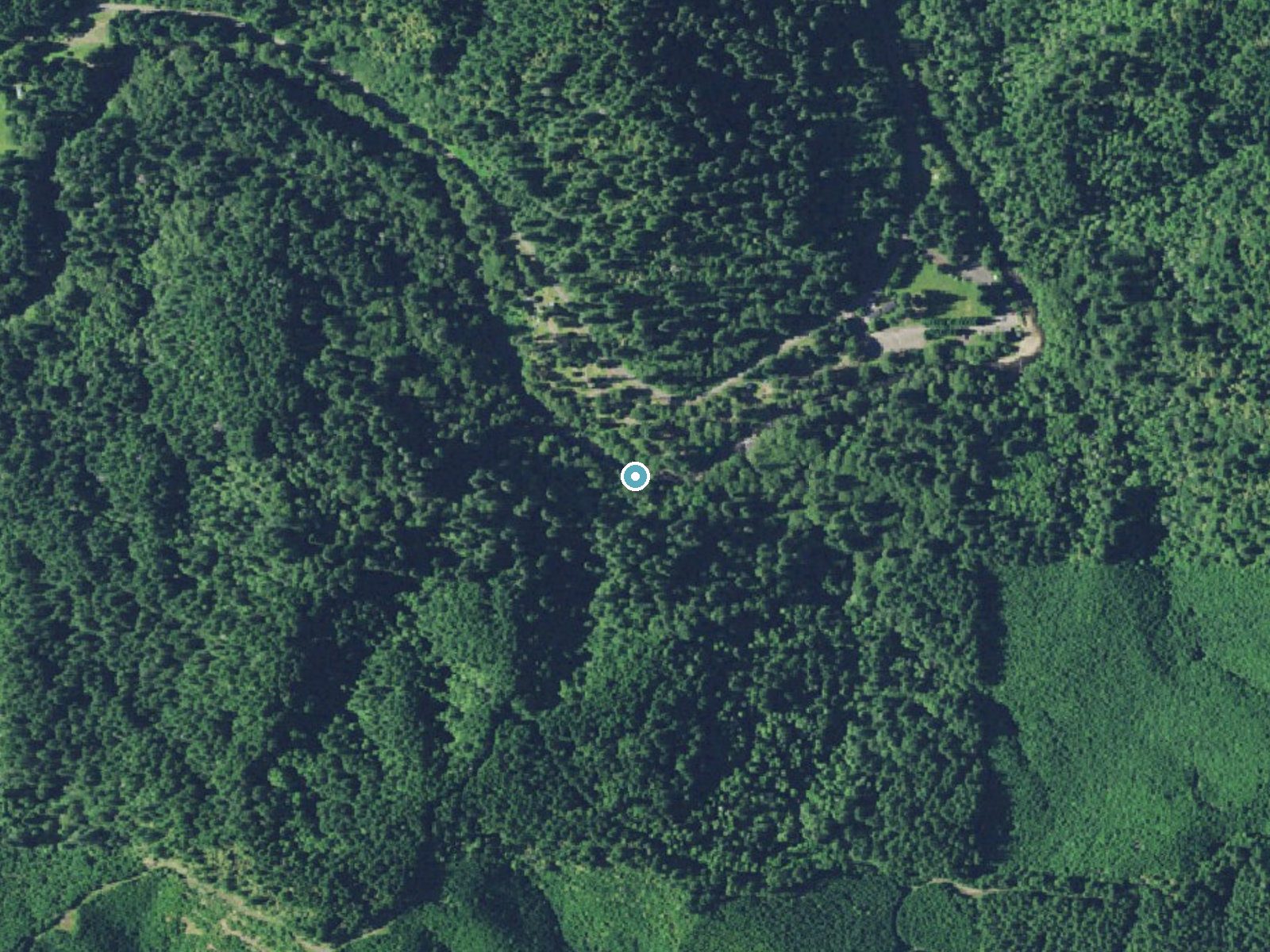 Aerial photo of the same ground around Laverne Falls near Coquille, Oregon, for comparison with the lidar view