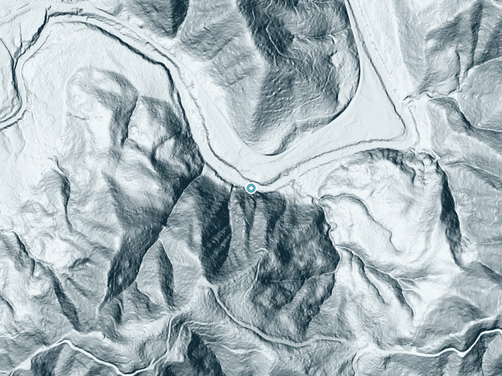 LiDAR bare-earth terrain around Laverne Falls near Coquille, Oregon, showing about 206 feet of drop, a steep tiered drop, facing north