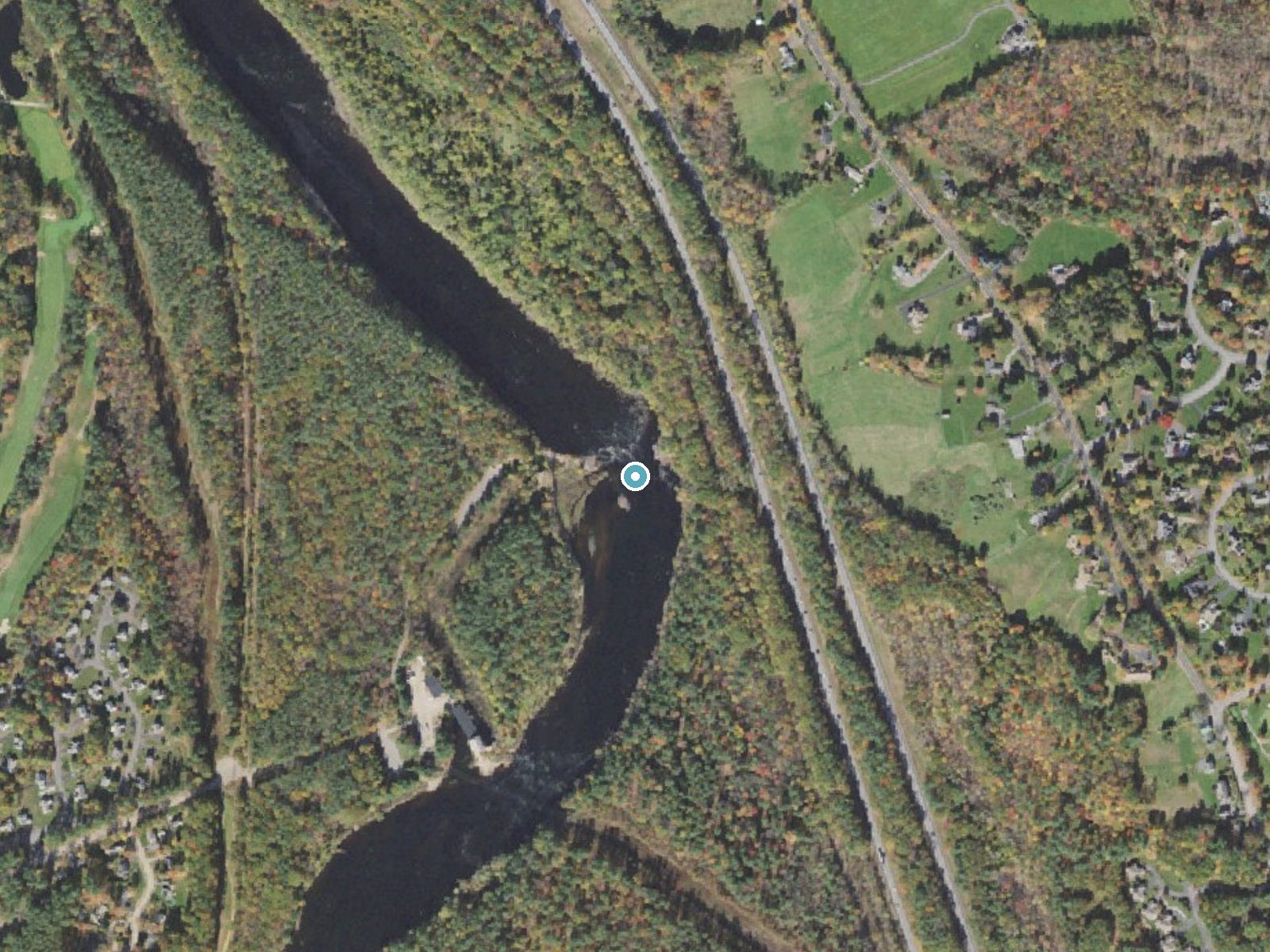 Aerial photo of the same ground around Sewalls Falls near Concord, New Hampshire, for comparison with the lidar view