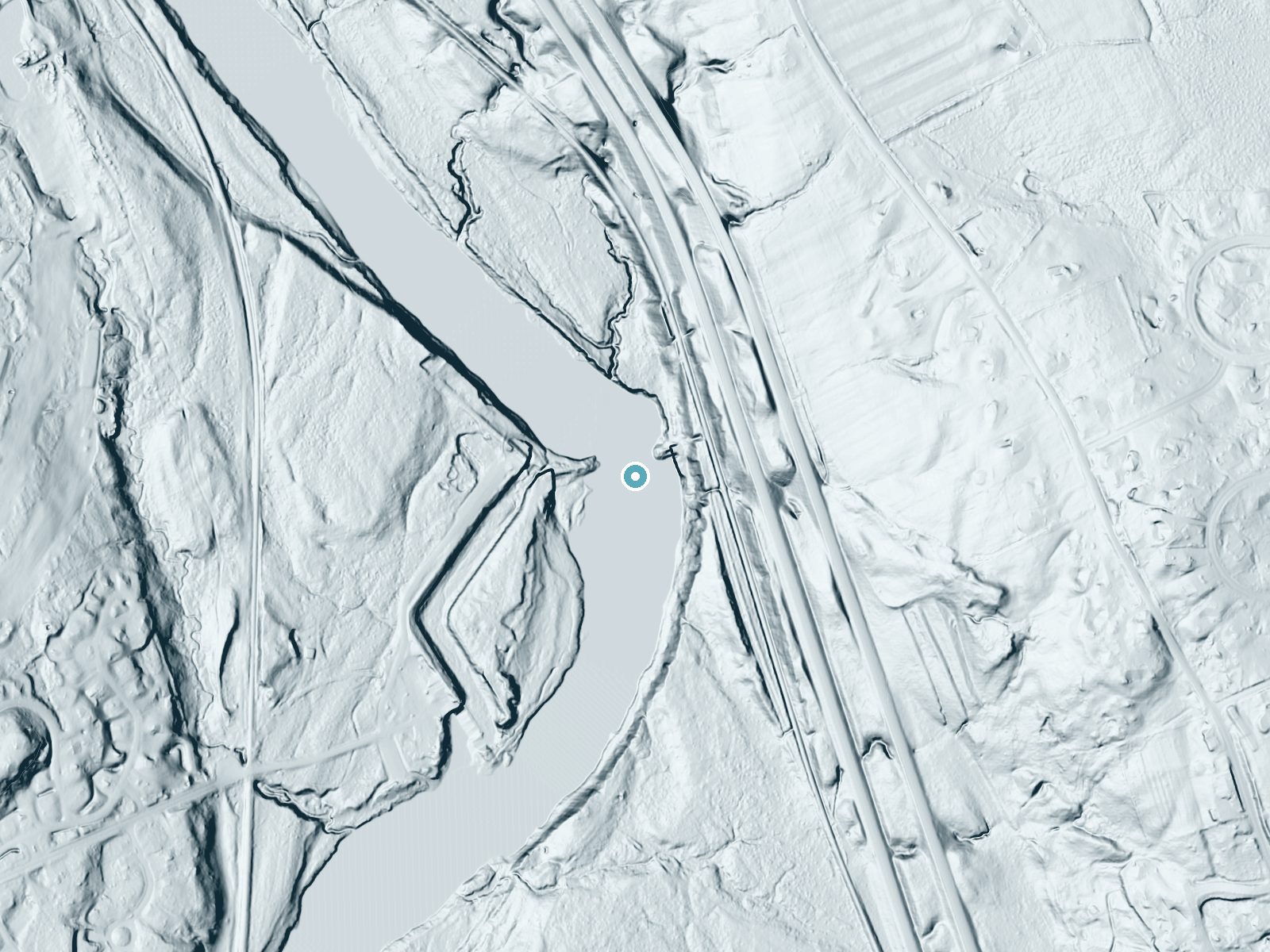 LiDAR bare-earth terrain around Sewalls Falls near Concord, New Hampshire, showing about 40 feet of drop, a long cascade, facing west