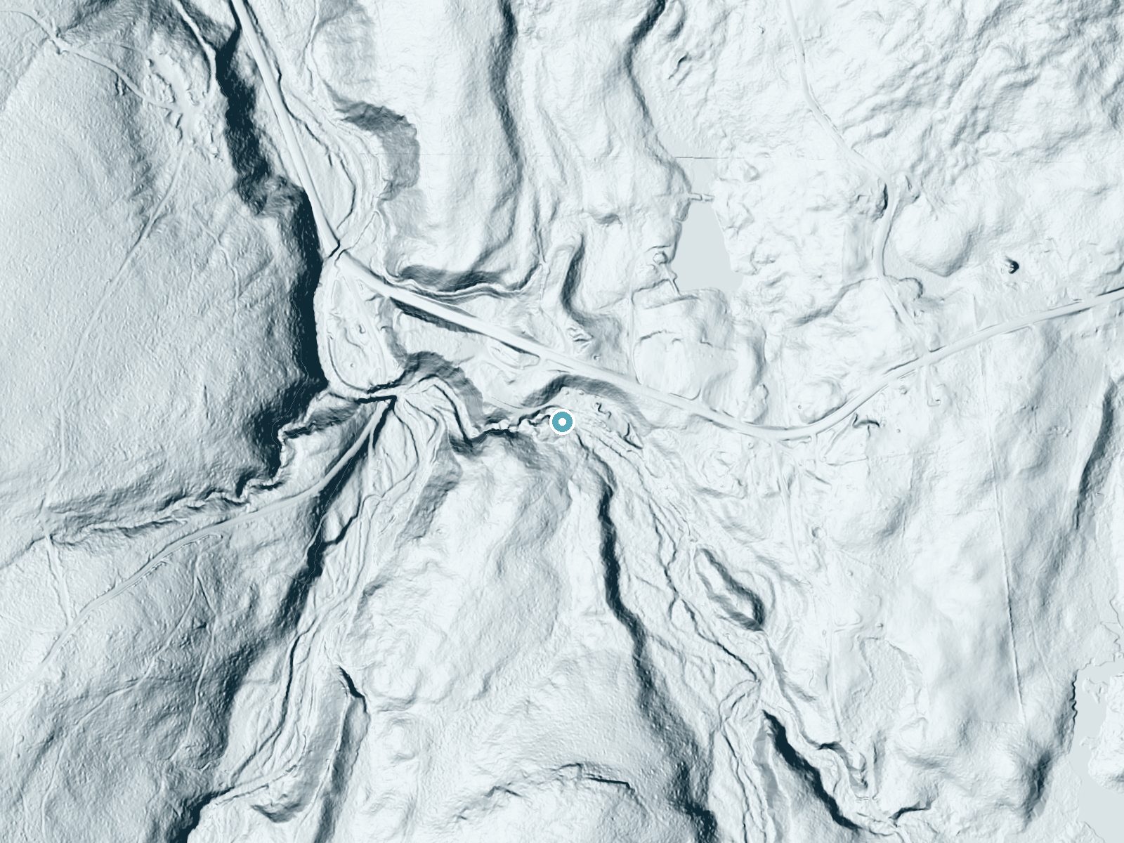 LiDAR bare-earth terrain around Eggleston Falls near West Glens Falls, New York, showing about 58 feet of drop