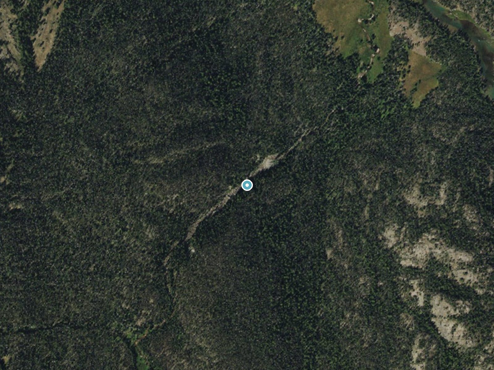 Aerial photo of the same ground around Porcupine Creek Falls near Dubois, Wyoming, for comparison with the lidar view