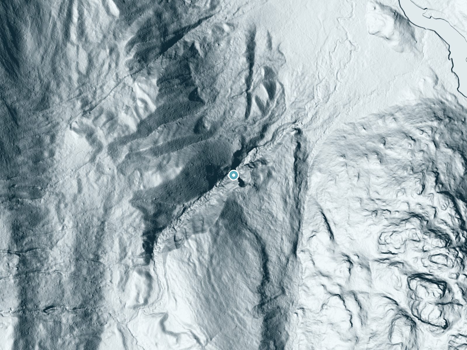 LiDAR bare-earth terrain around Porcupine Creek Falls near Dubois, Wyoming, showing about 258 feet of drop, a steep tiered drop, facing northeast