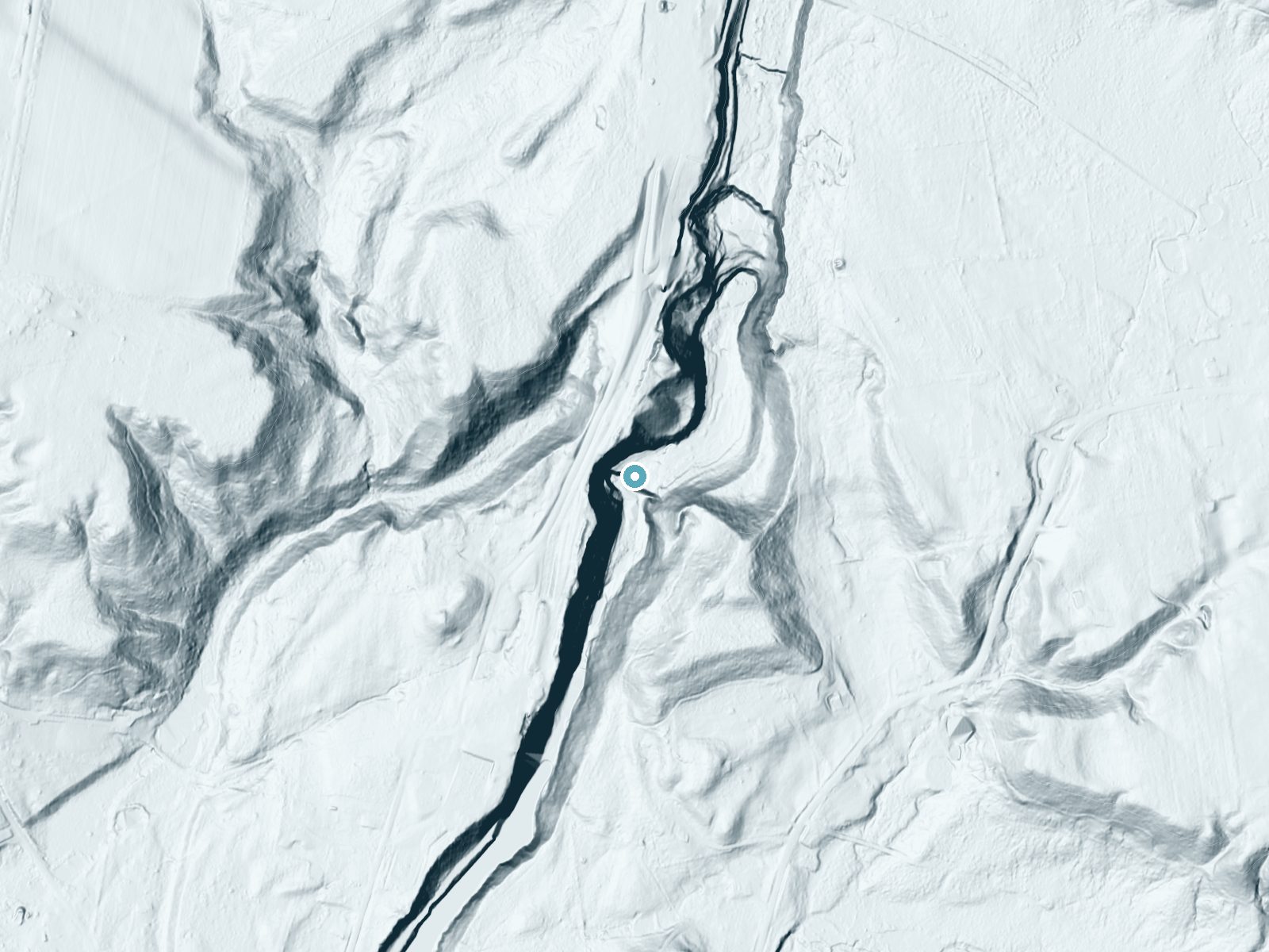 LiDAR bare-earth terrain around Sherman Falls near Prospect, New York, showing about 192 feet of drop, a single sheer drop, facing southeast