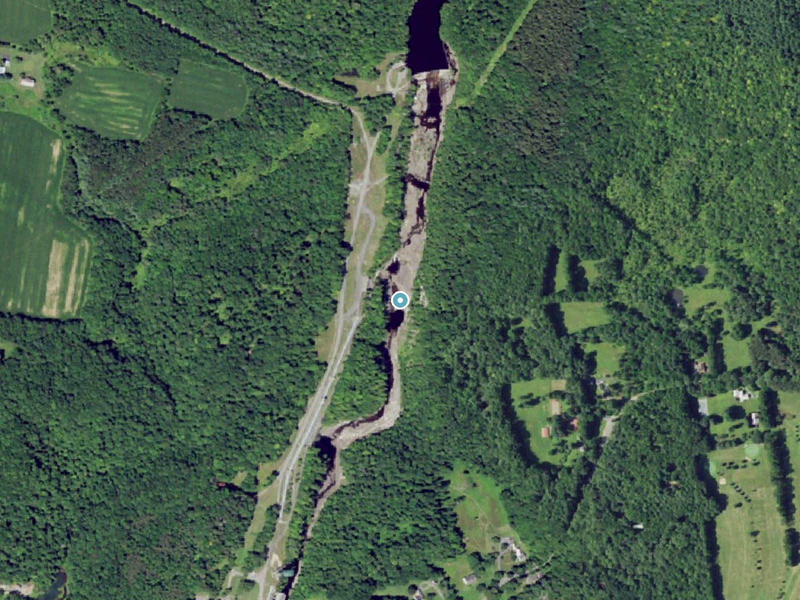 Aerial photo of the same ground around Lower High Falls near Prospect, New York, for comparison with the lidar view