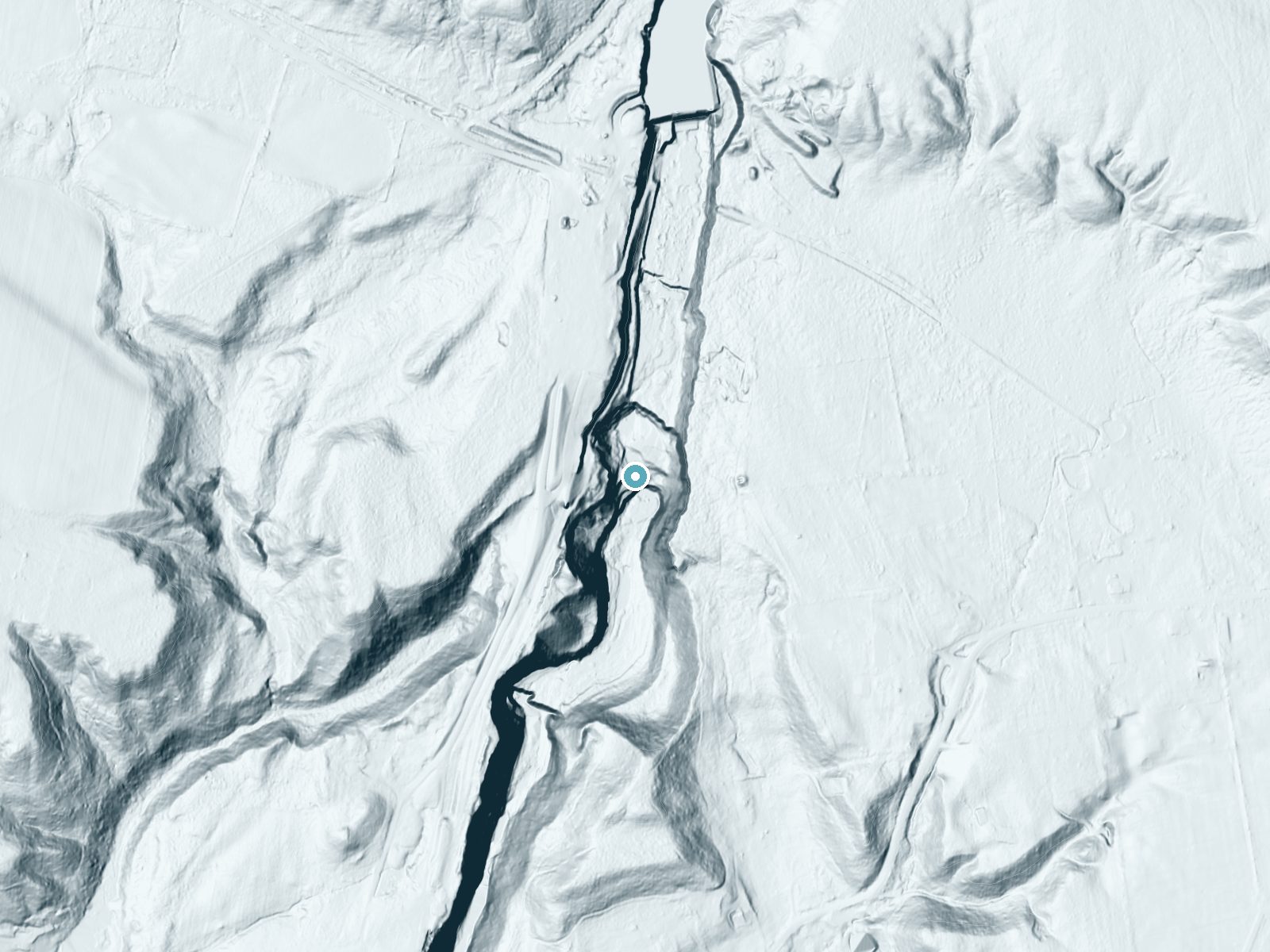 LiDAR bare-earth terrain around Lower High Falls near Prospect, New York, showing about 186 feet of drop, a steep tiered drop, facing south