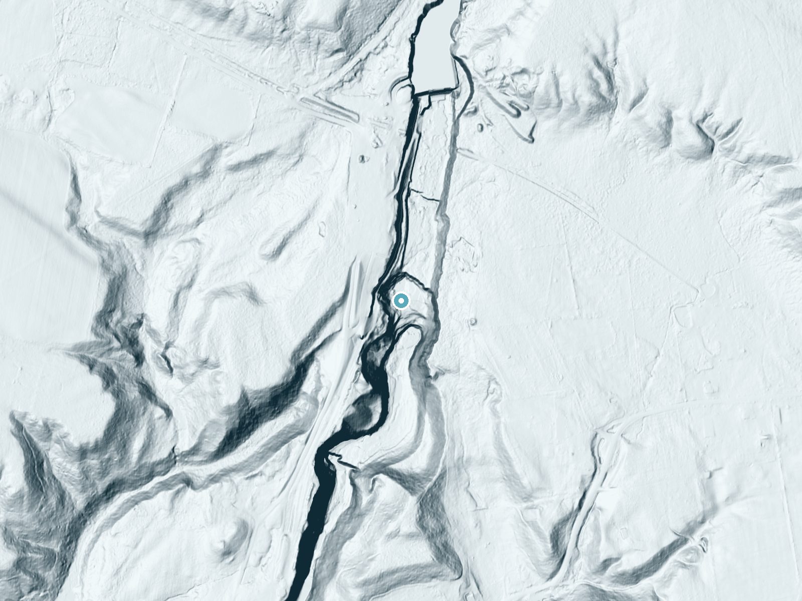 LiDAR bare-earth terrain around High Falls near Prospect, New York, showing about 186 feet of drop, a steep tiered drop, facing southeast