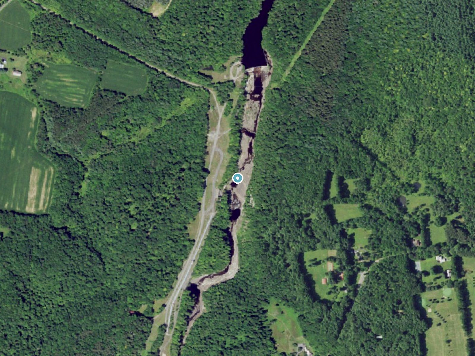Aerial photo of the same ground around Upper High Falls near Prospect, New York, for comparison with the lidar view