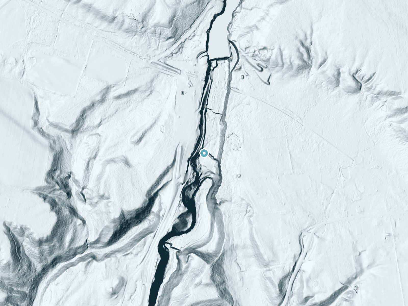 LiDAR bare-earth terrain around Upper High Falls near Prospect, New York, showing about 143 feet of drop, a steep tiered drop, facing southeast