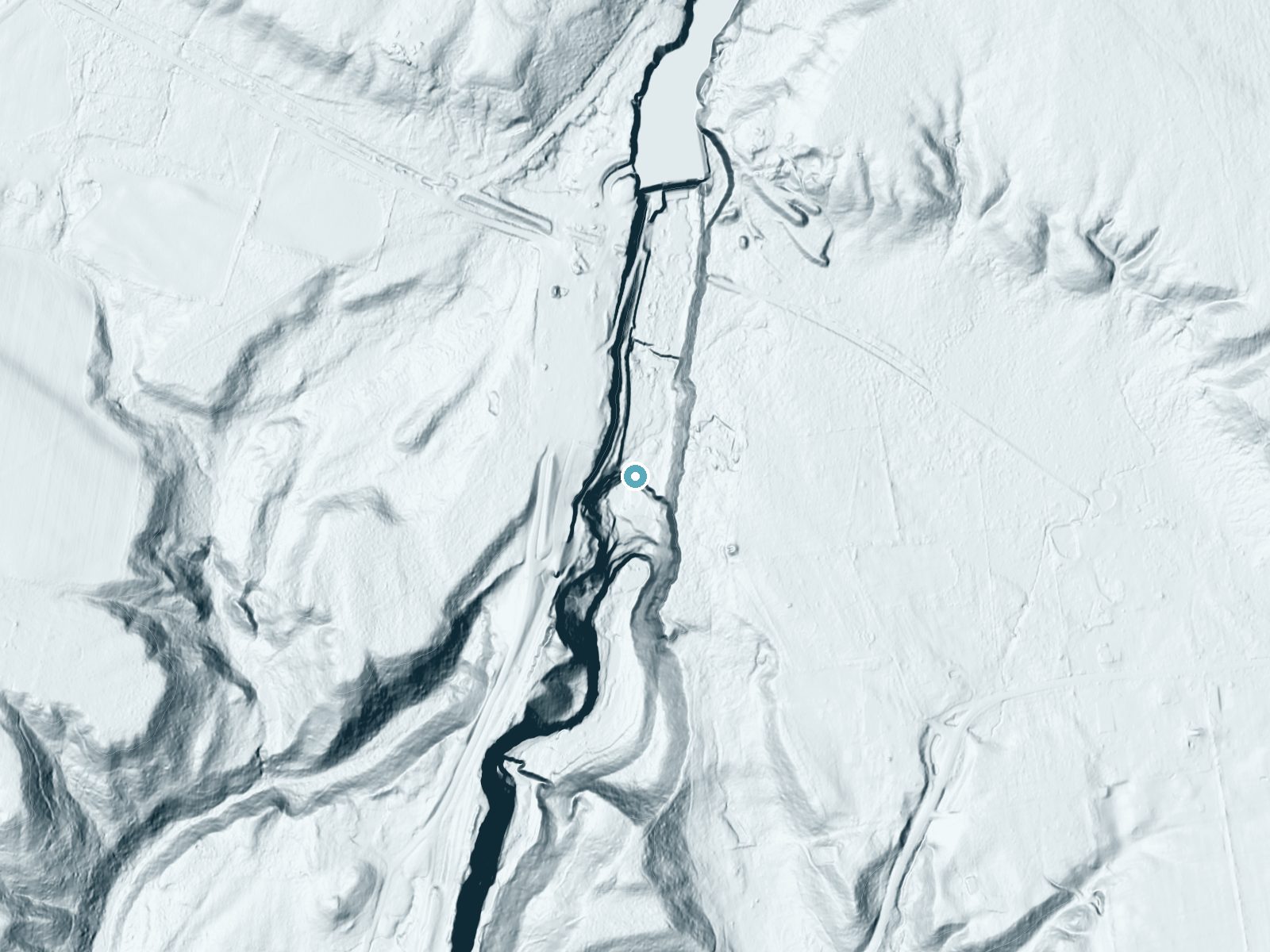 LiDAR bare-earth terrain around Trenton Falls near Prospect, New York, showing about 144 feet of drop, a steep tiered drop, facing south