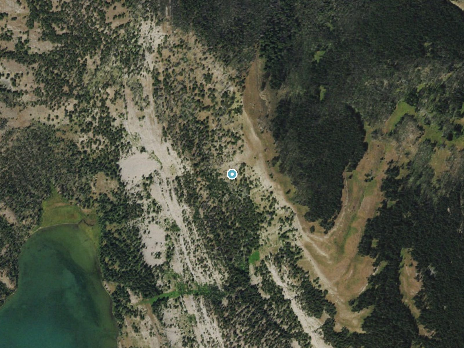 Aerial photo of the same ground around Slide Falls near Dubois, Wyoming, for comparison with the lidar view