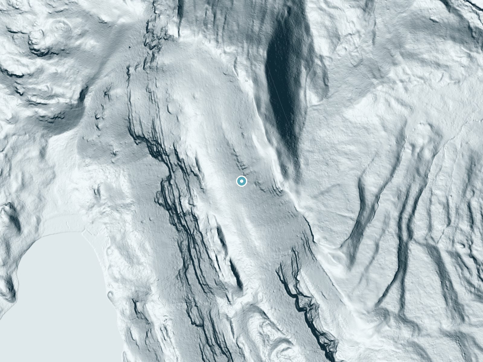 LiDAR bare-earth terrain around Slide Falls near Dubois, Wyoming, showing about 315 feet of drop, a steep tiered drop, facing southwest
