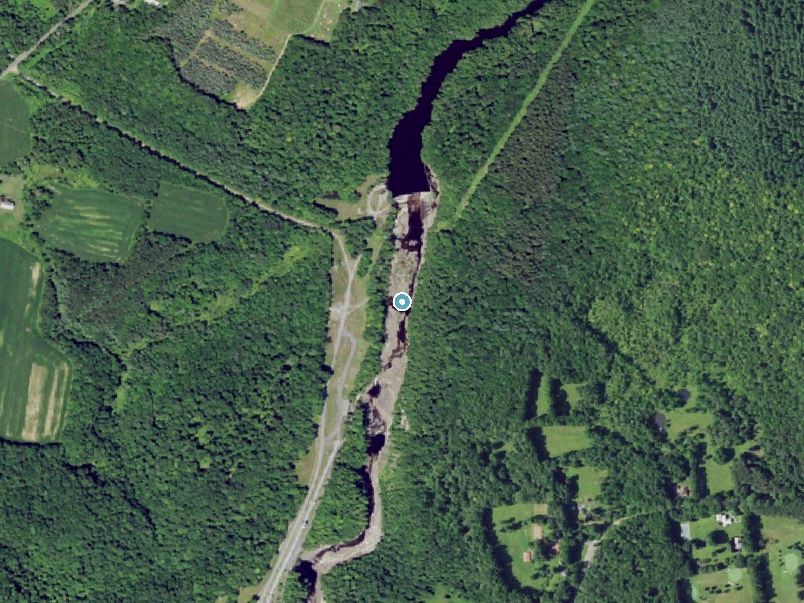 Aerial photo of the same ground around Mill Dam Falls near Prospect, New York, for comparison with the lidar view