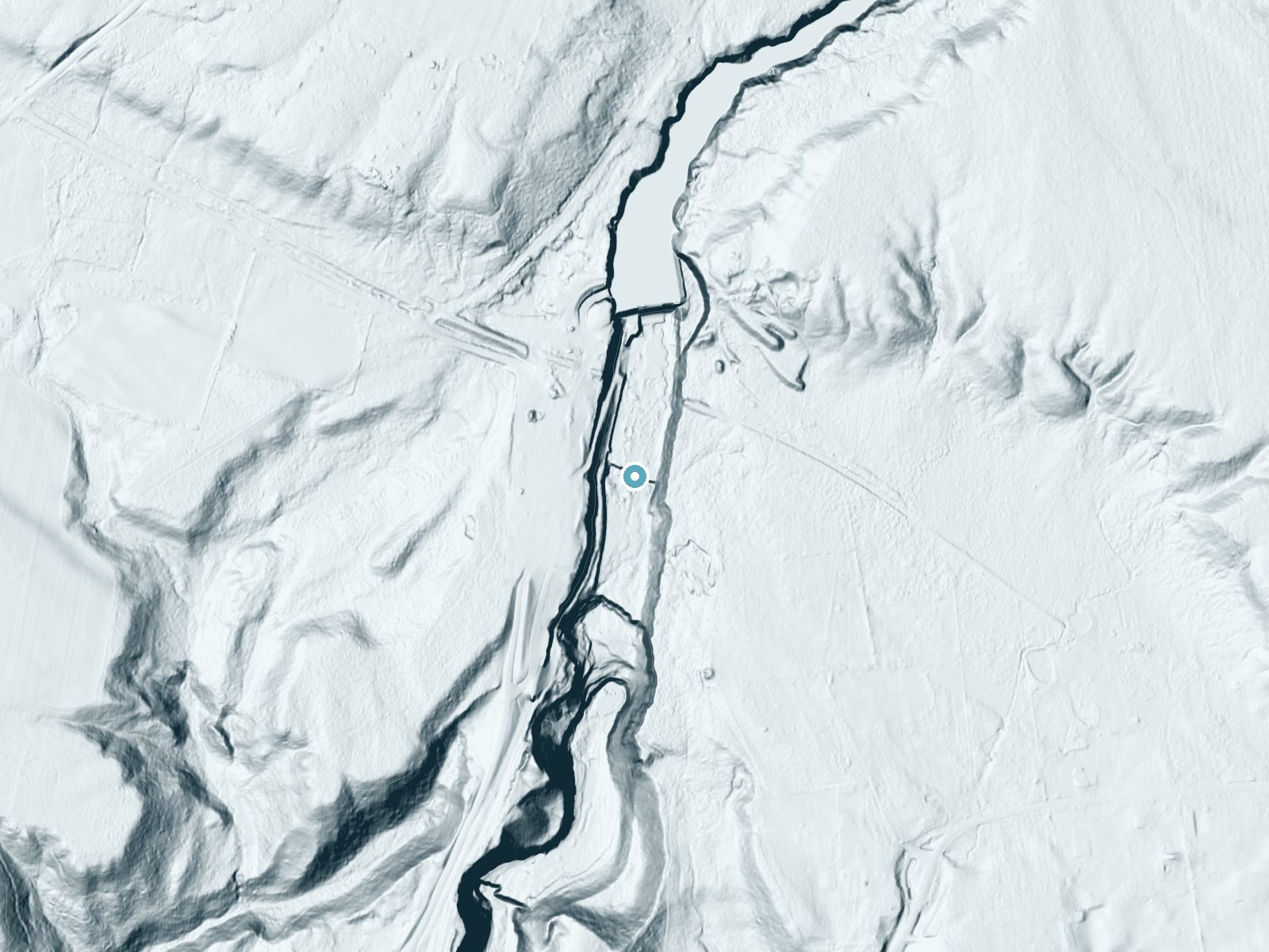 LiDAR bare-earth terrain around Mill Dam Falls near Prospect, New York, showing about 84 feet of drop, a steep tiered drop, facing southwest