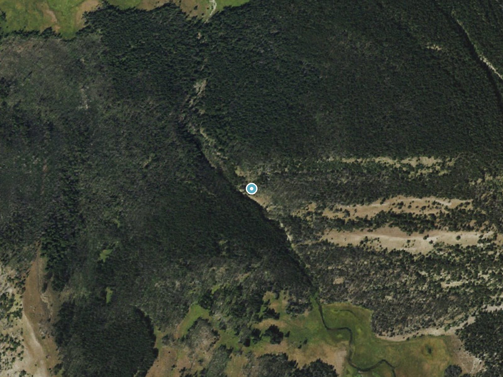 Aerial photo of the same ground around Slide Creek Falls near Dubois, Wyoming, for comparison with the lidar view