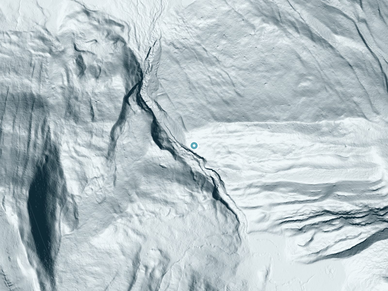 LiDAR bare-earth terrain around Slide Creek Falls near Dubois, Wyoming, showing about 181 feet of drop, a steep tiered drop, facing west