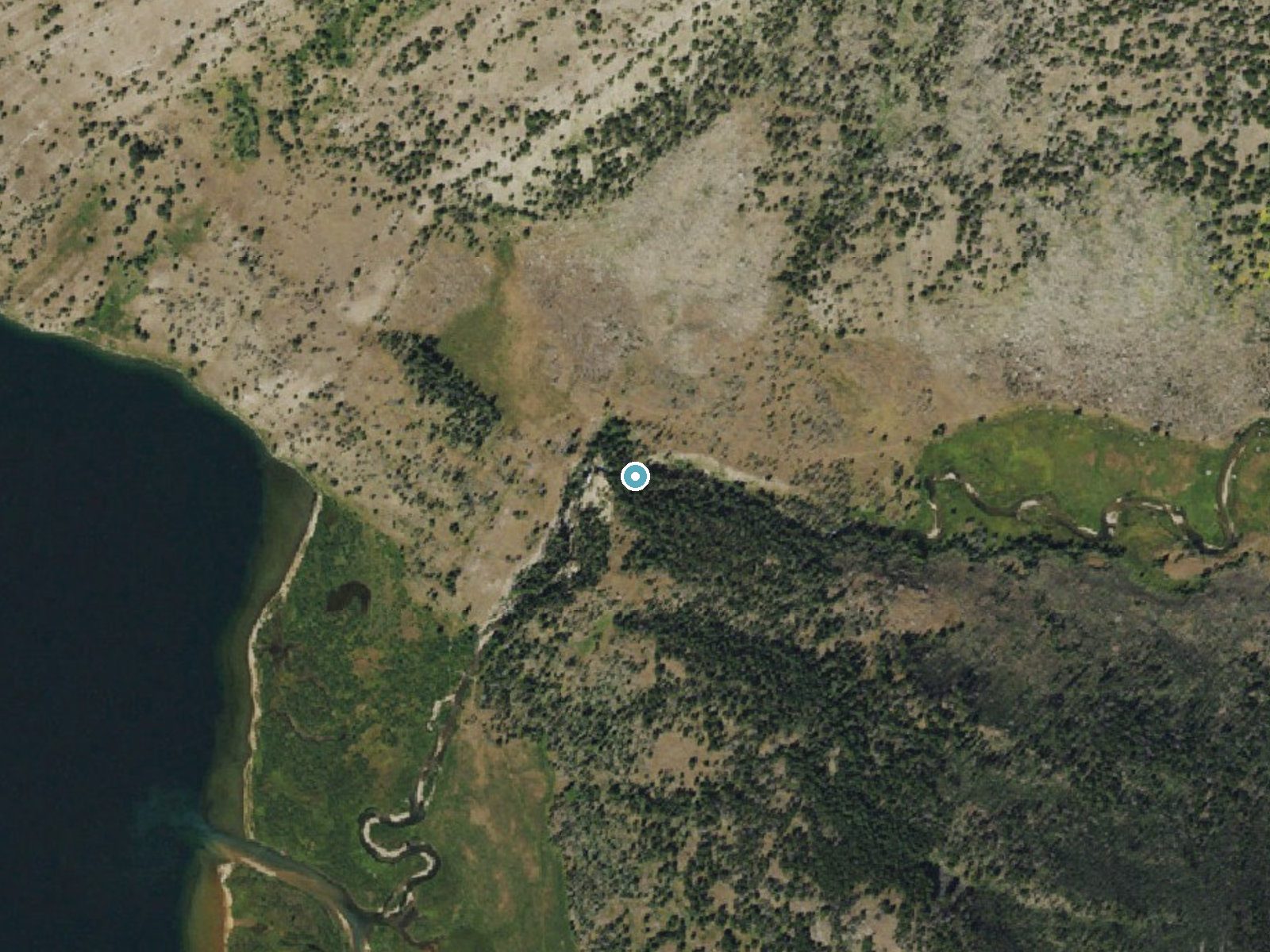 Aerial photo of the same ground around Clear Creek Falls near Dubois, Wyoming, for comparison with the lidar view
