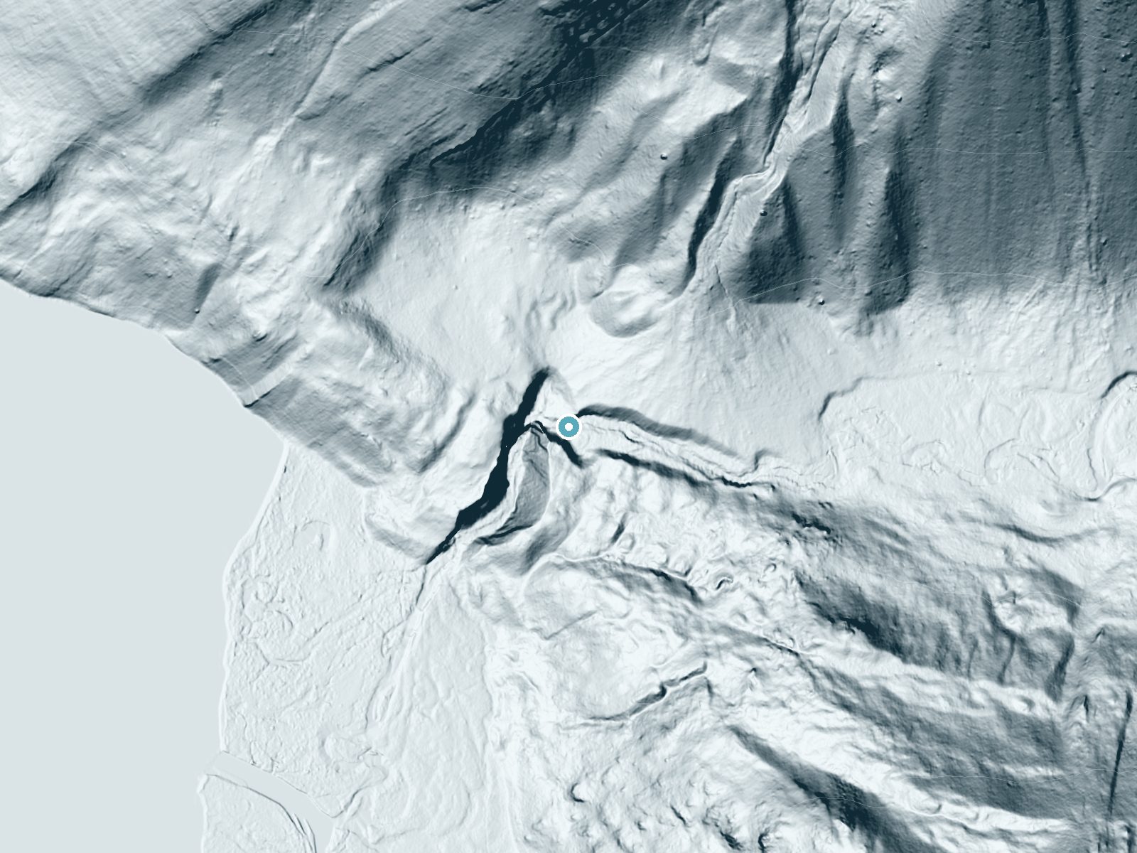 LiDAR bare-earth terrain around Clear Creek Falls near Dubois, Wyoming, showing about 105 feet of drop, a steep tiered drop, facing west