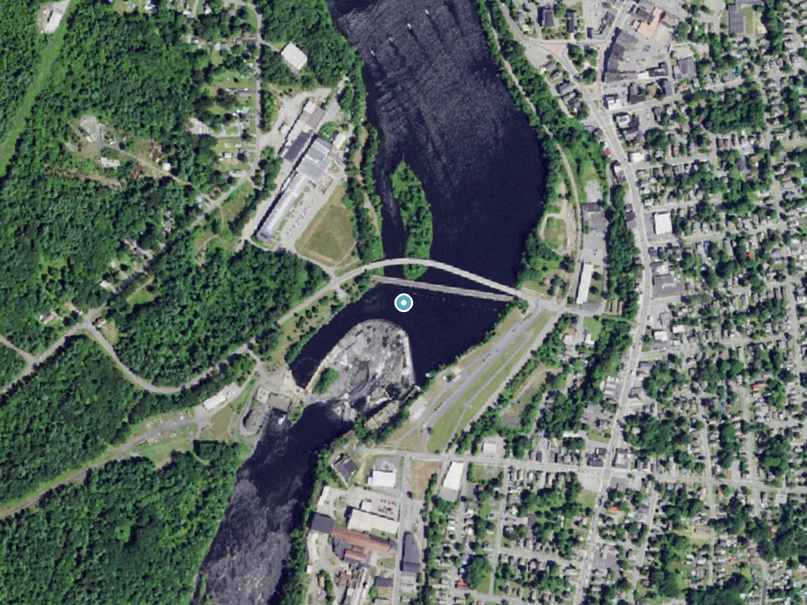 Aerial photo of the same ground around Bakers Falls near Hudson Falls, New York, for comparison with the lidar view