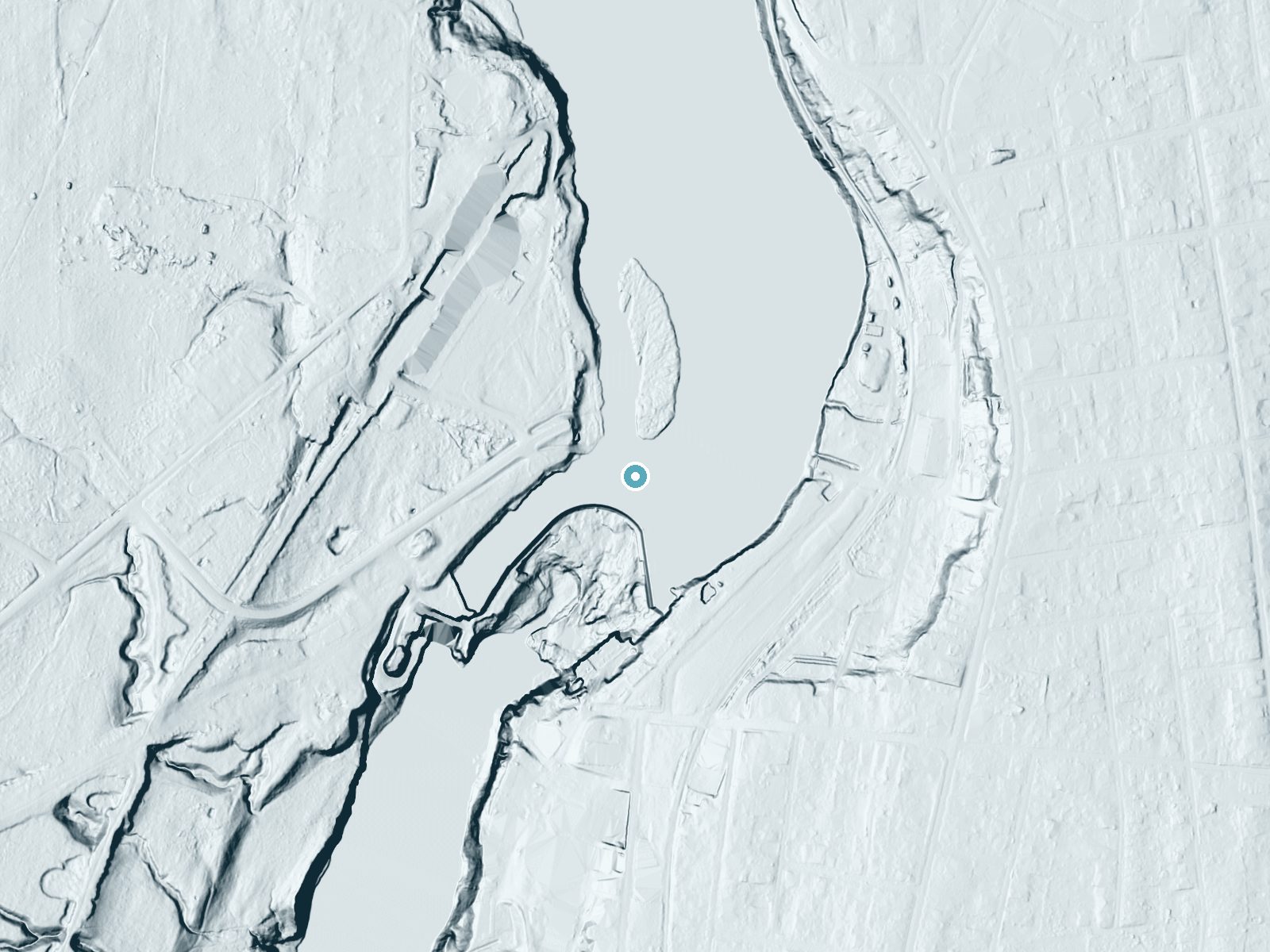 LiDAR bare-earth terrain around Bakers Falls near Hudson Falls, New York, showing about 28 feet of drop, a long cascade, facing south