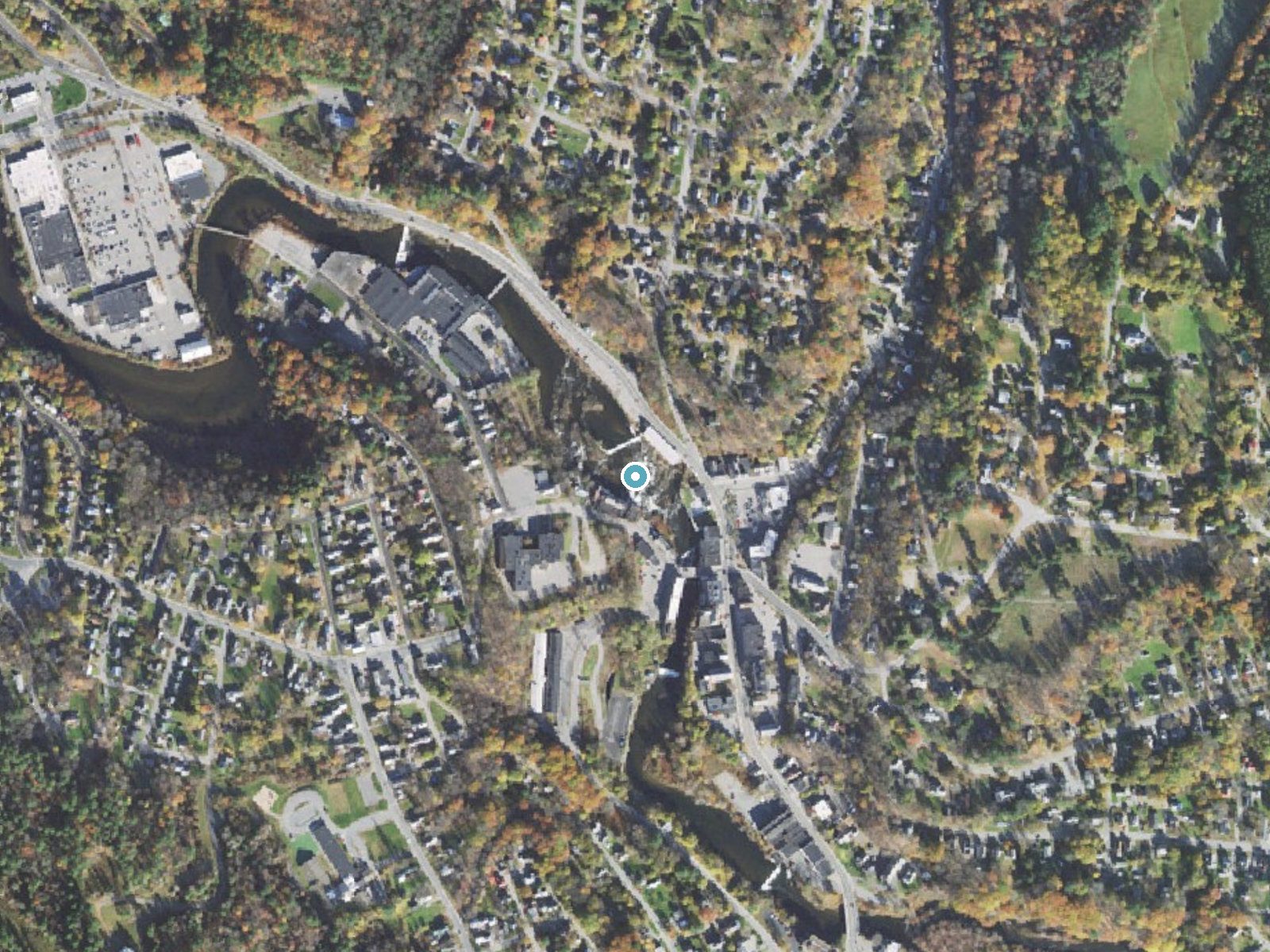 Aerial photo of the same ground around Black River Falls near North Springfield, Vermont, for comparison with the lidar view