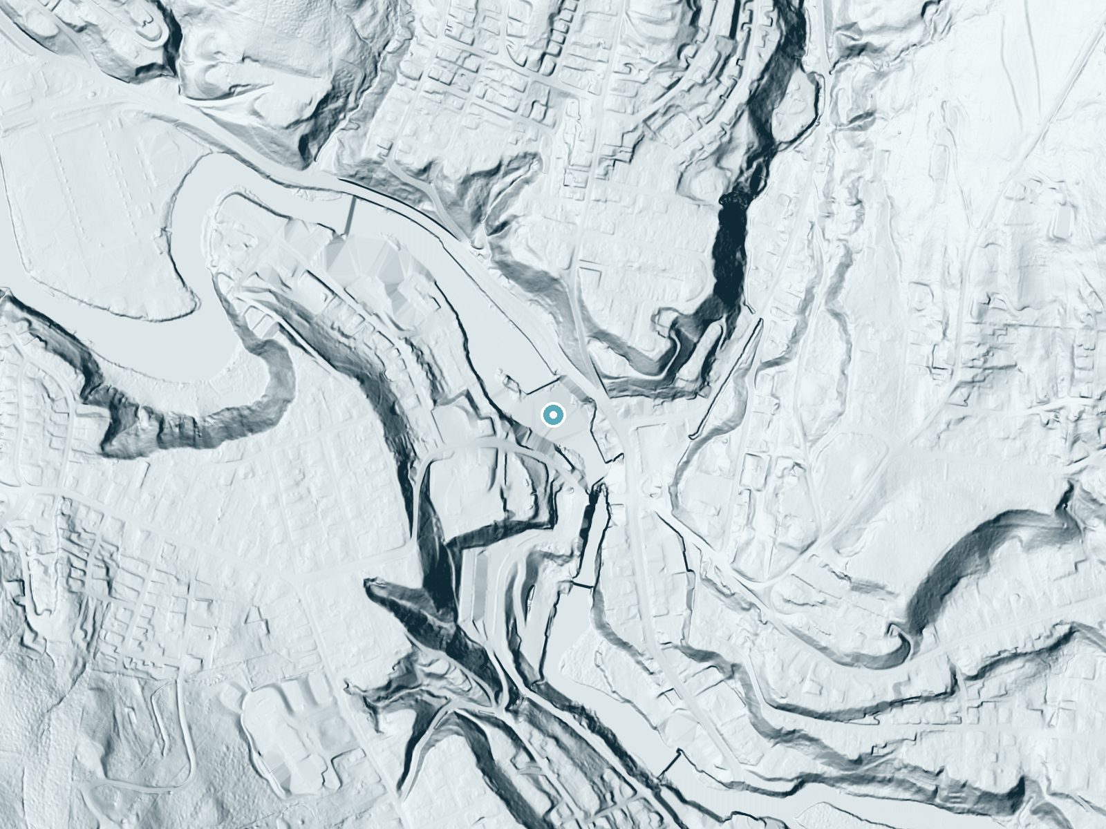 LiDAR bare-earth terrain around Black River Falls near North Springfield, Vermont, showing about 55 feet of drop, a long cascade, facing southeast